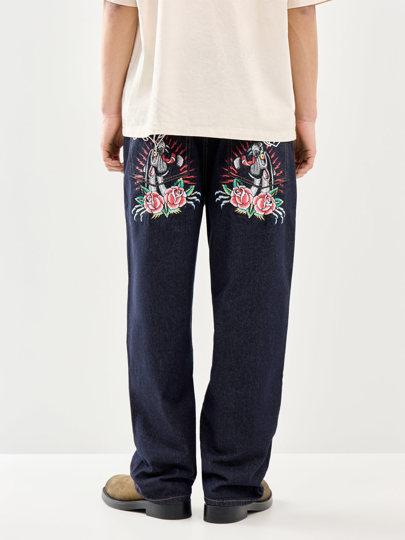 Embroidered Panther Relaxed Jeans Blue
