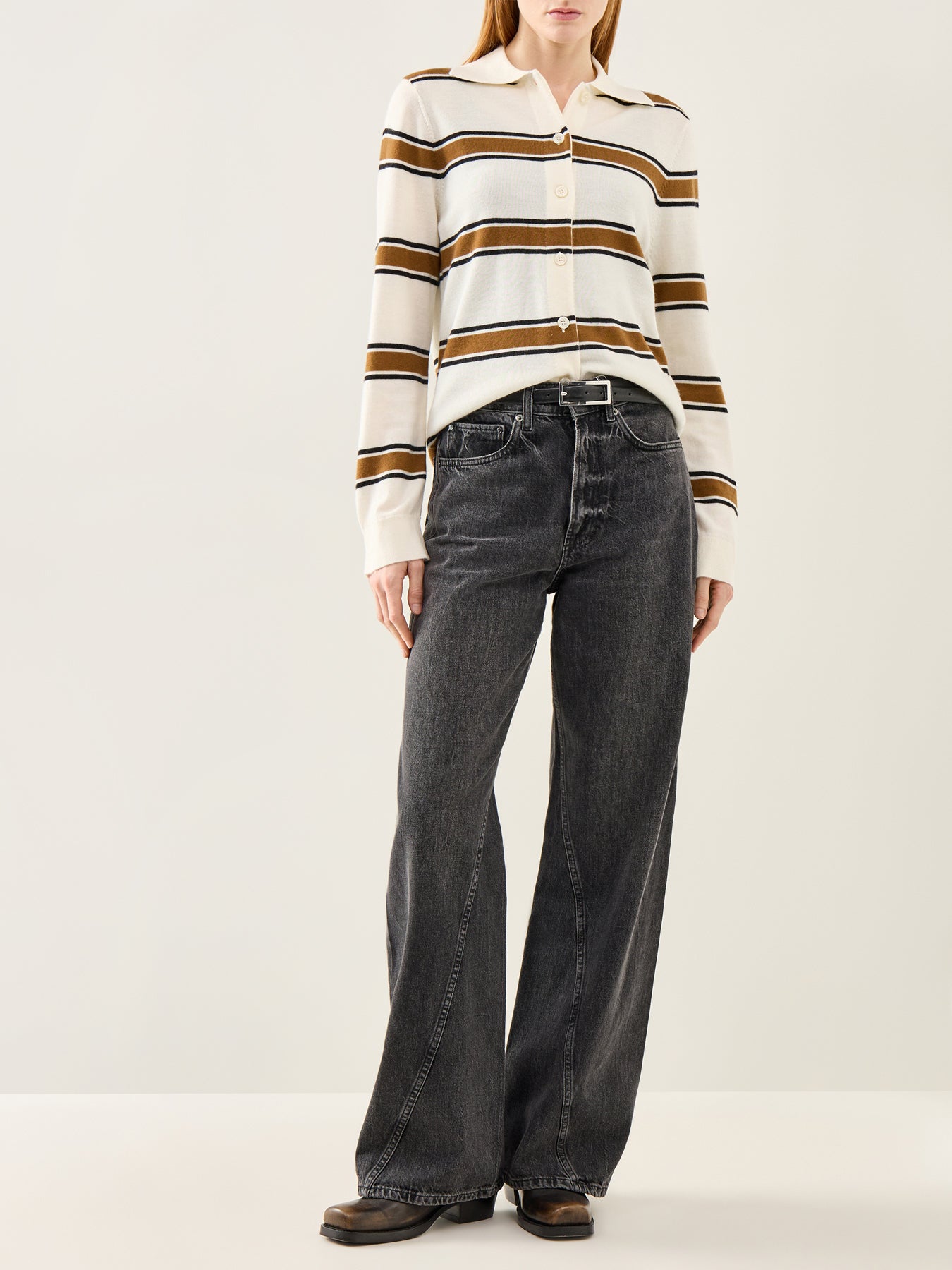 Thea Long Sleeve Knit Button Collar Top Cream