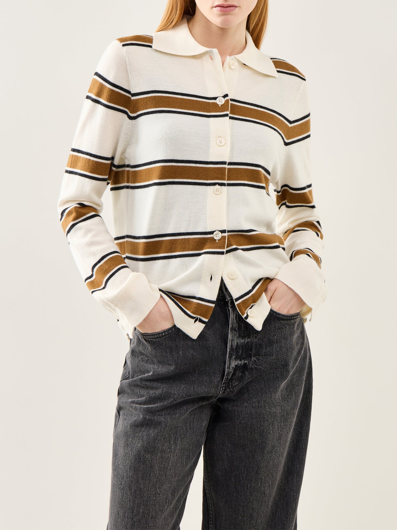 Thea Long Sleeve Knit Button Collar Top Cream