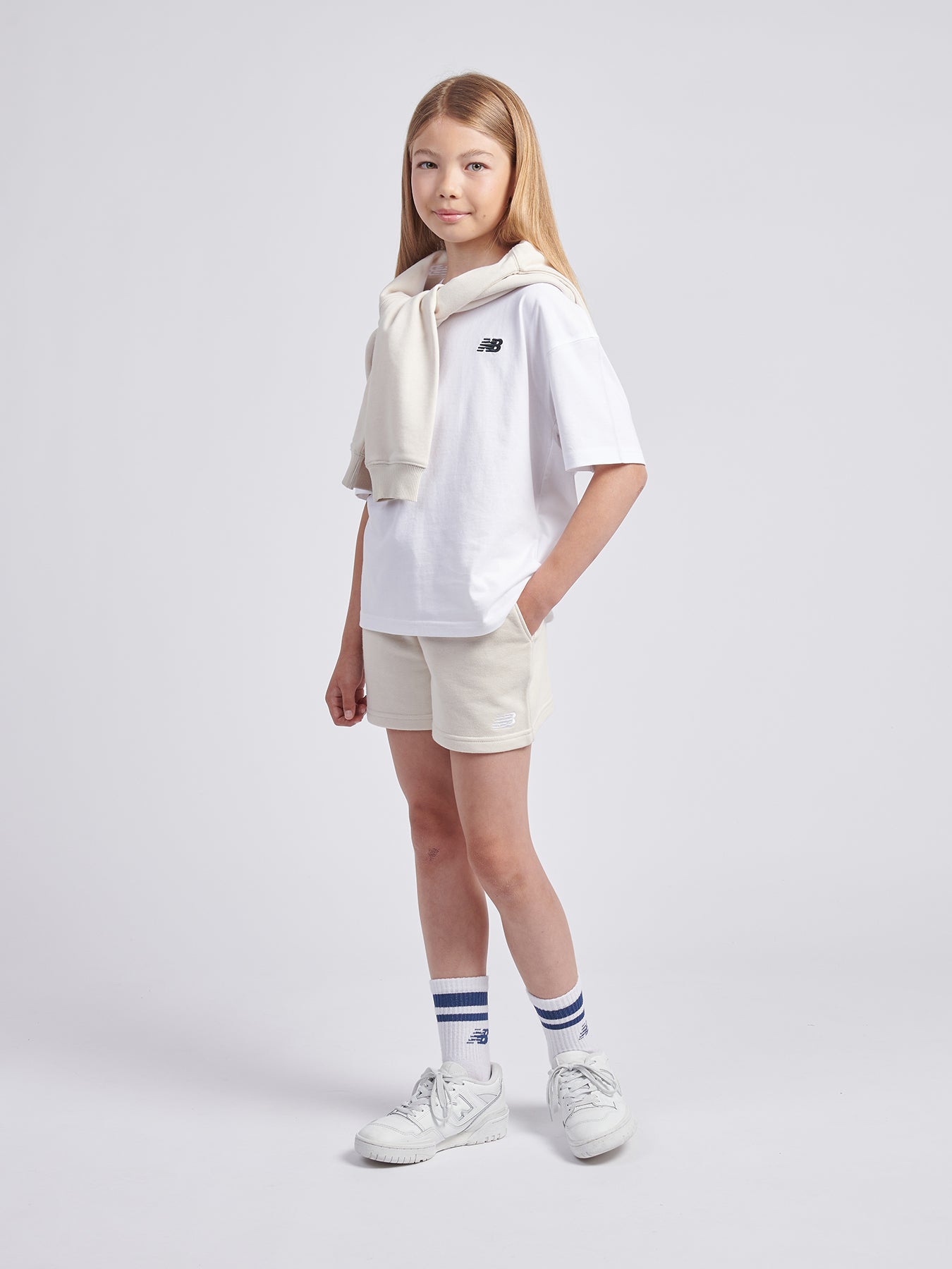Kids' New Balance French Terry Small Logo Shorts Nude