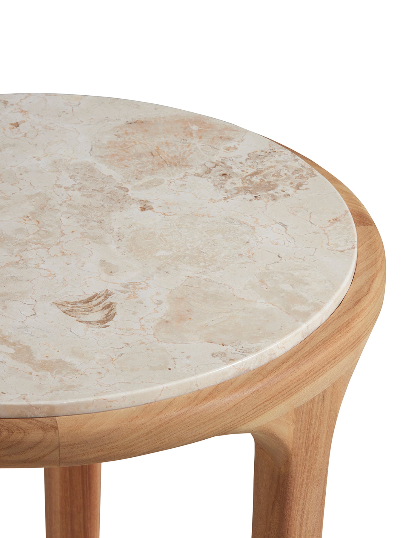 Terza Teak Wood Round Side Table with Marble Top Neutral