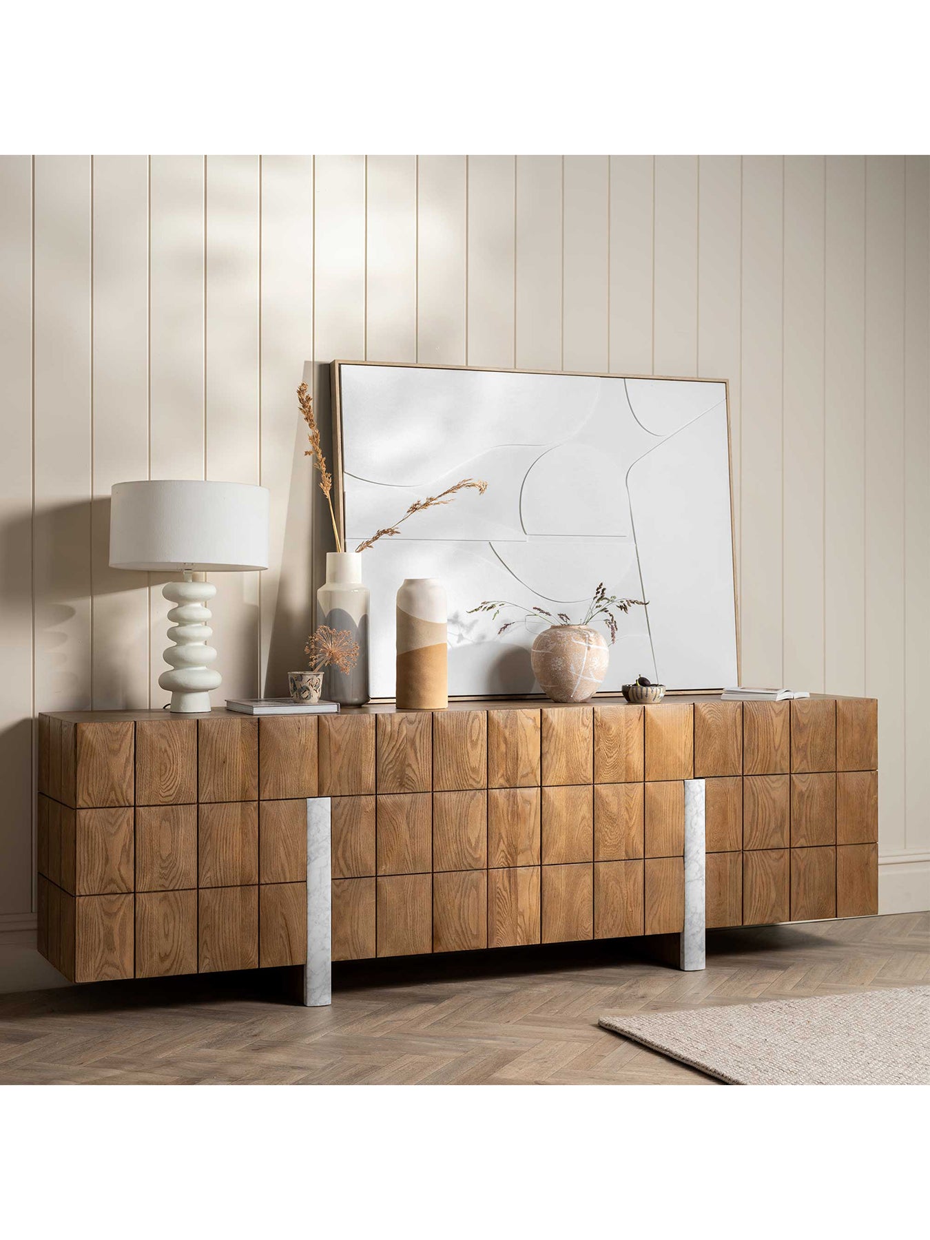 Nebraska Oak Wood Tessellated Sideboard with Marble Detail Brown