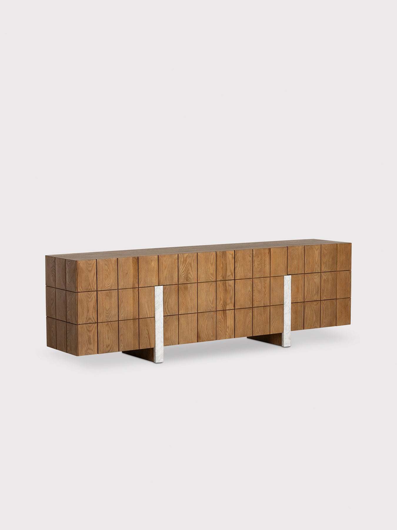 Nebraska Oak Wood Tessellated Sideboard with Marble Detail Brown