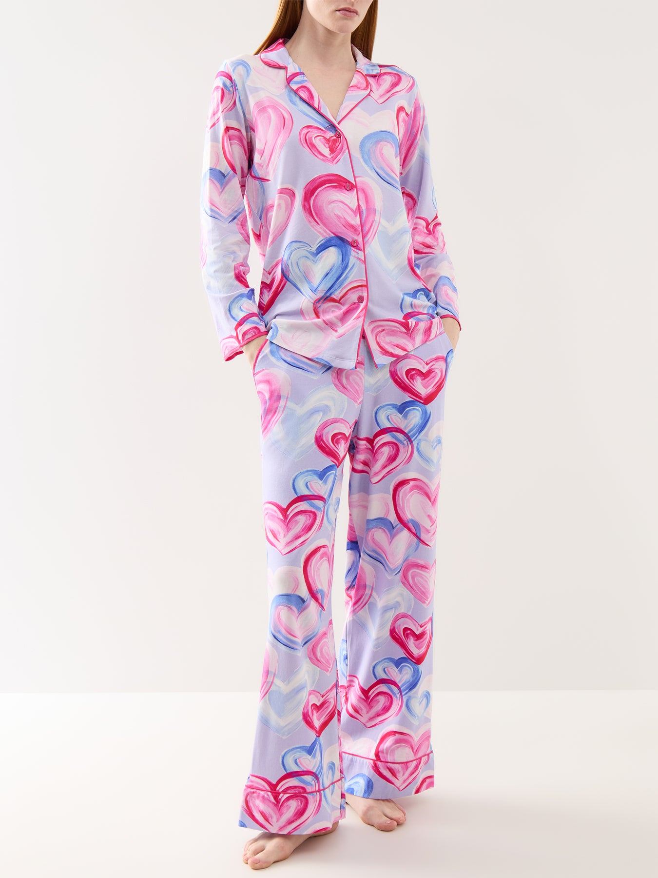 Pink Heart Printed Jersey Wide Leg Pyjama Bottoms