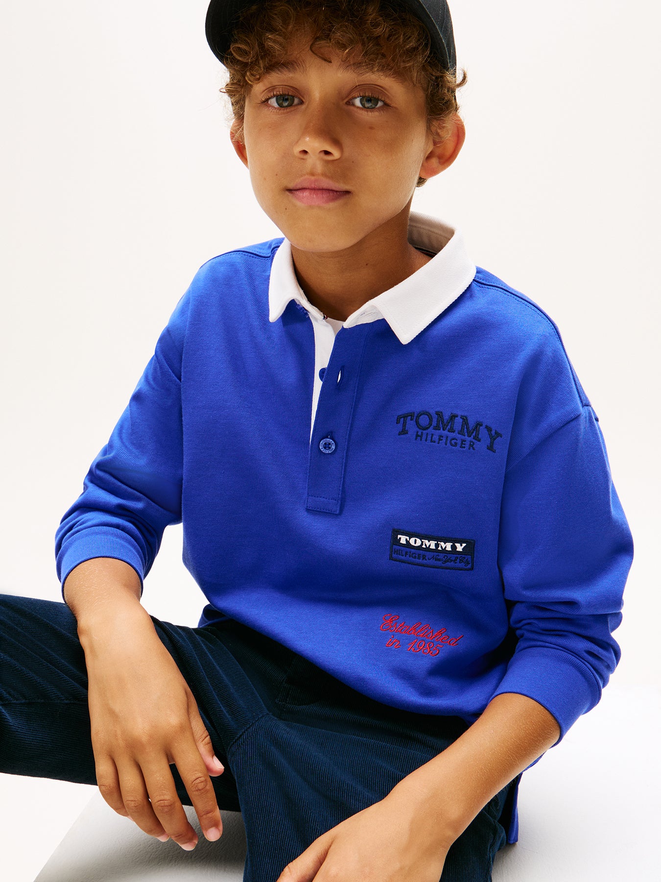 Kids’ Logo Embroidery Long Sleeve Polo Shirt Blue