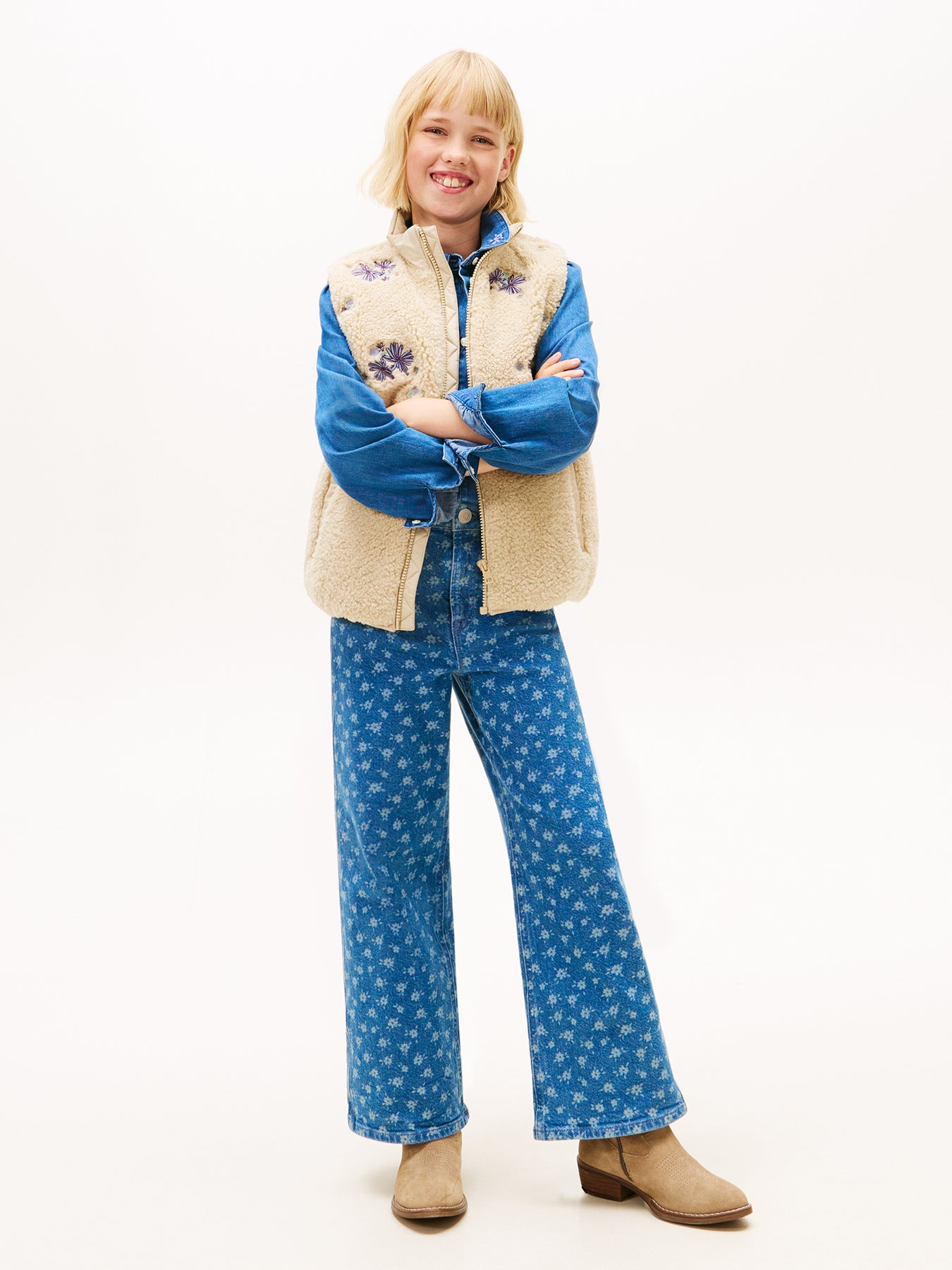 Kids’ Mabel Floral Print Wide Leg Jeans Blue