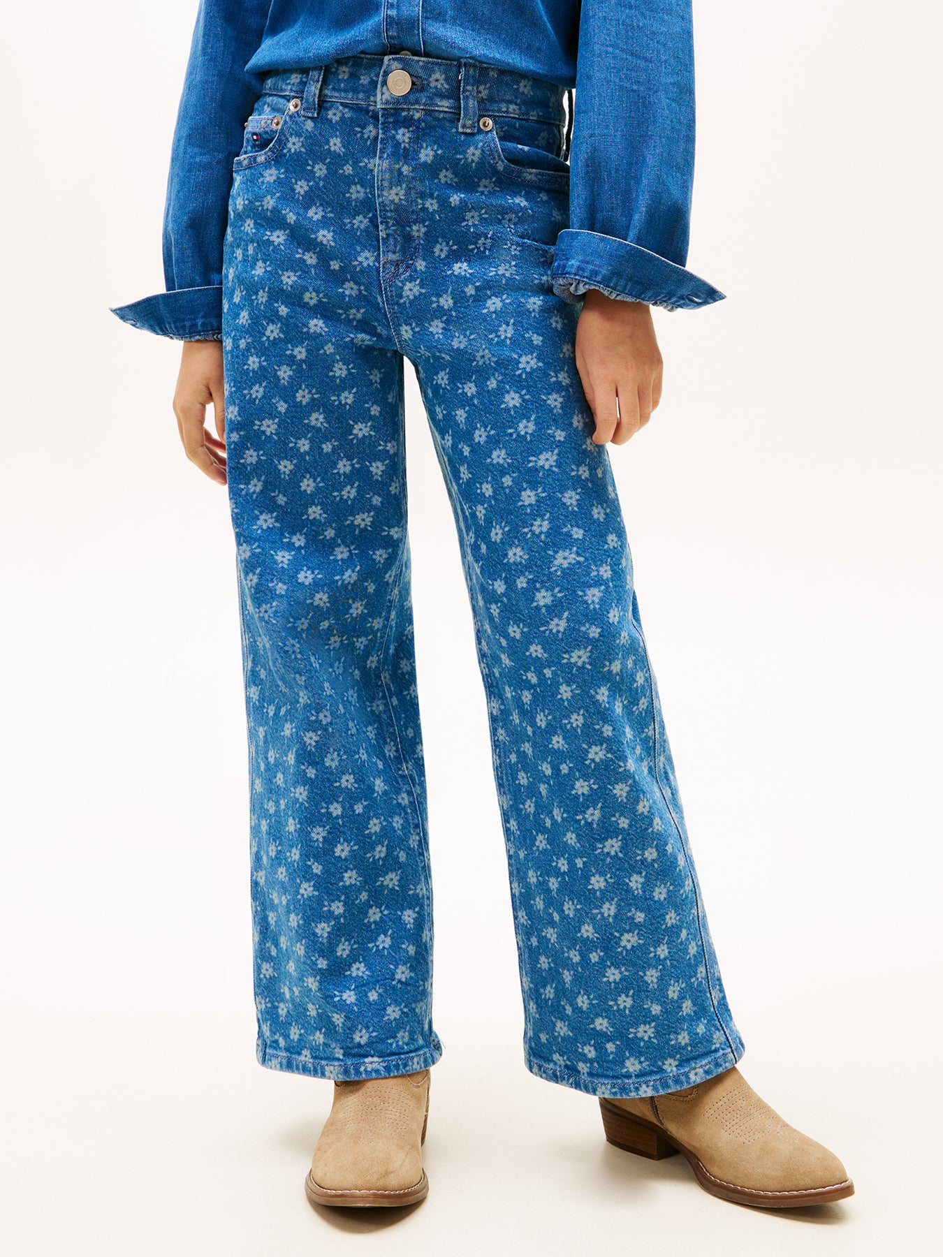 Kids’ Mabel Floral Print Wide Leg Jeans Blue