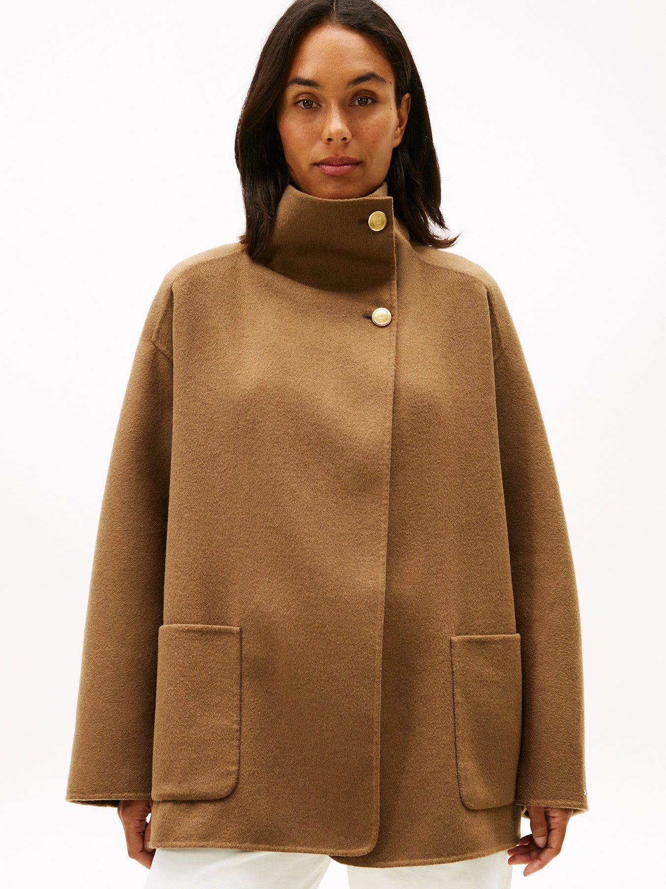 Wool Blend Funnel Neck Oversized Coat Brown