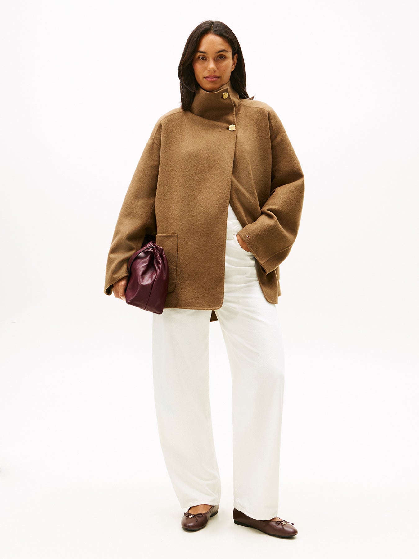 Wool Blend Funnel Neck Oversized Coat Brown