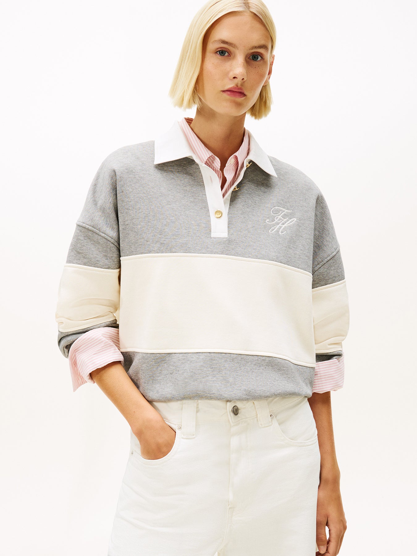 Gold-Tone Button Relaxed Rugby Sweatshirt Grey
