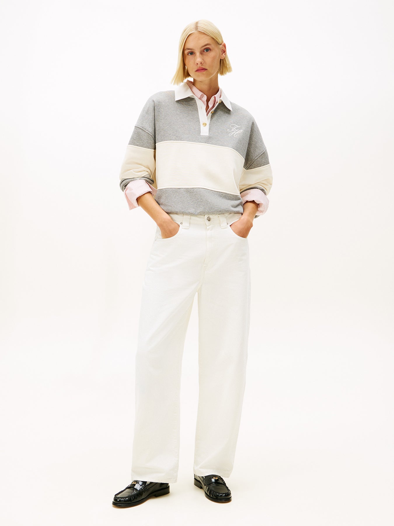 Gold-Tone Button Relaxed Rugby Sweatshirt Grey