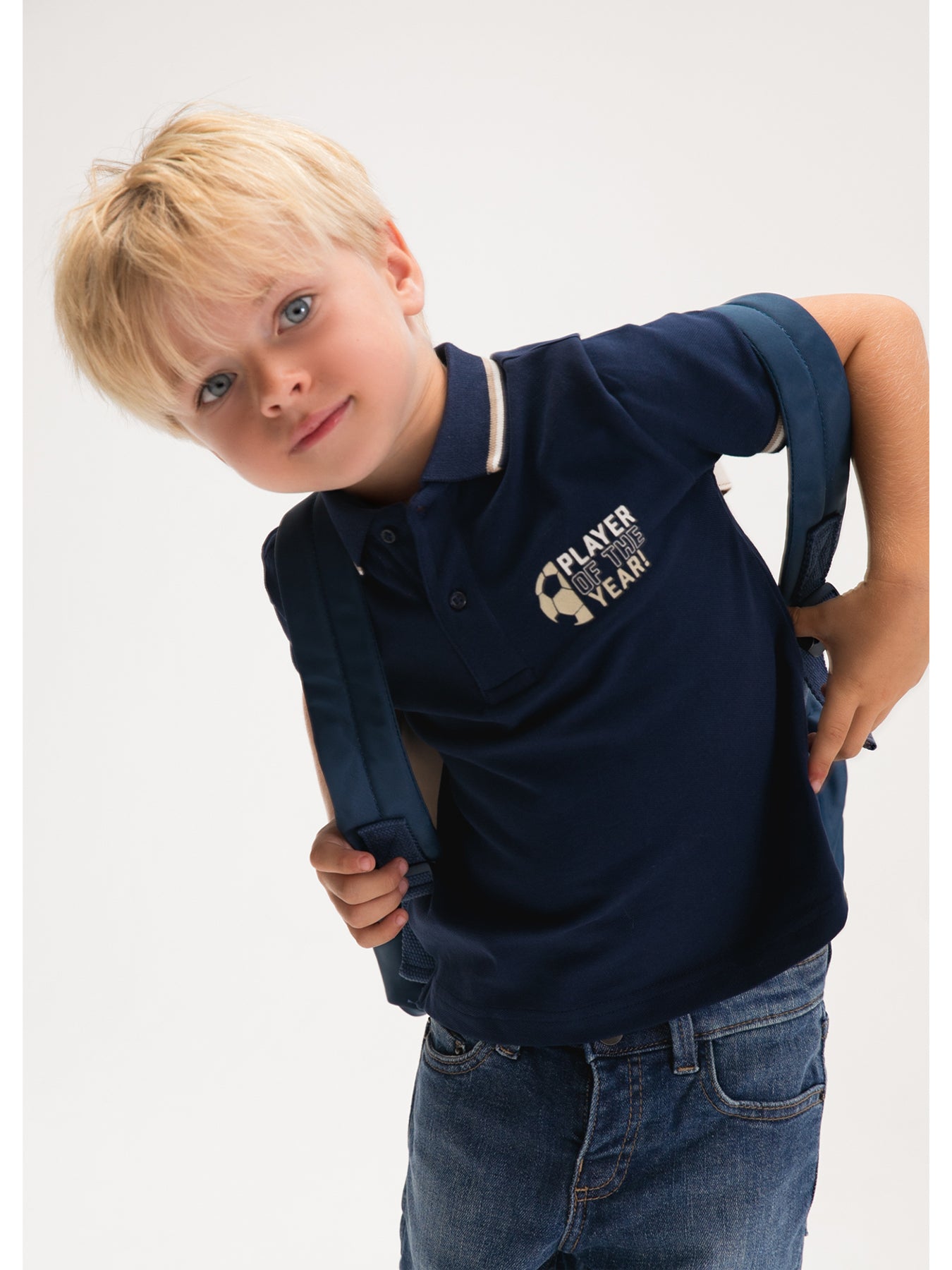 Kids’ Football Print Short Sleeve Polo Navy
