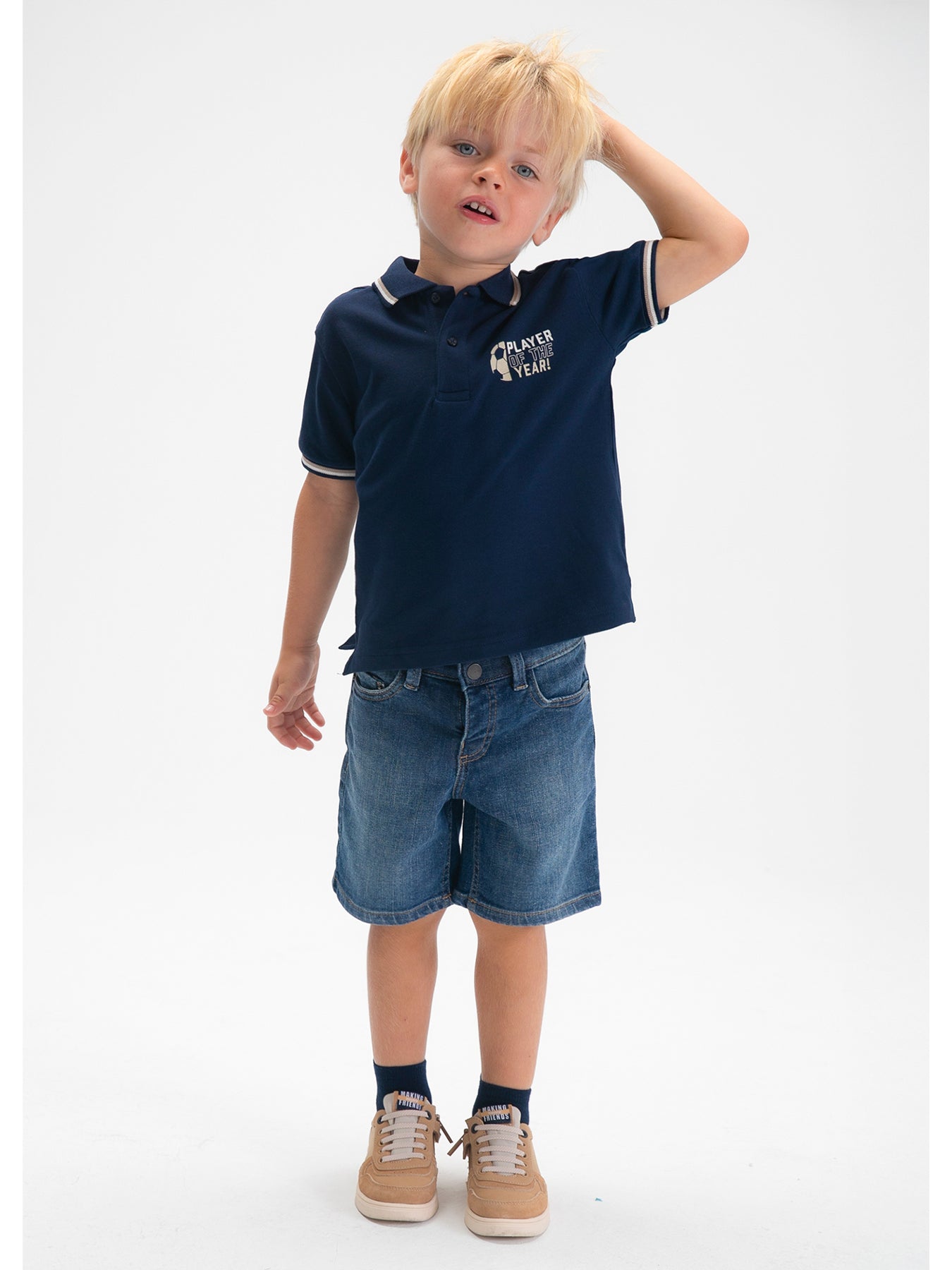 Kids’ Football Print Short Sleeve Polo Navy