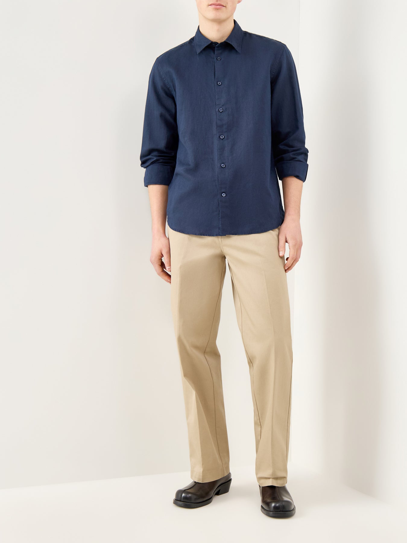Linen-Blend Long Sleeve Shirt Navy