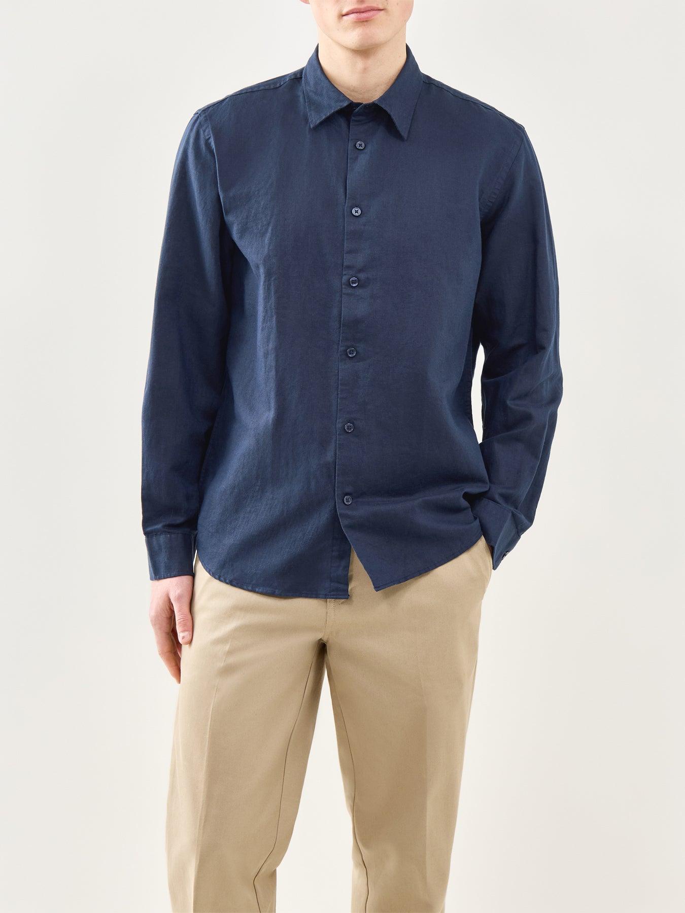 Linen-Blend Long Sleeve Shirt Navy