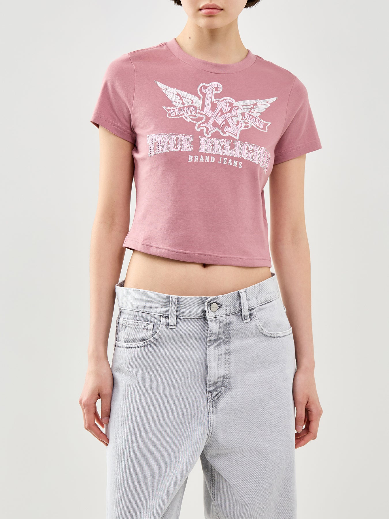 Wing Crystal Crew Neck T-Shirt Pink