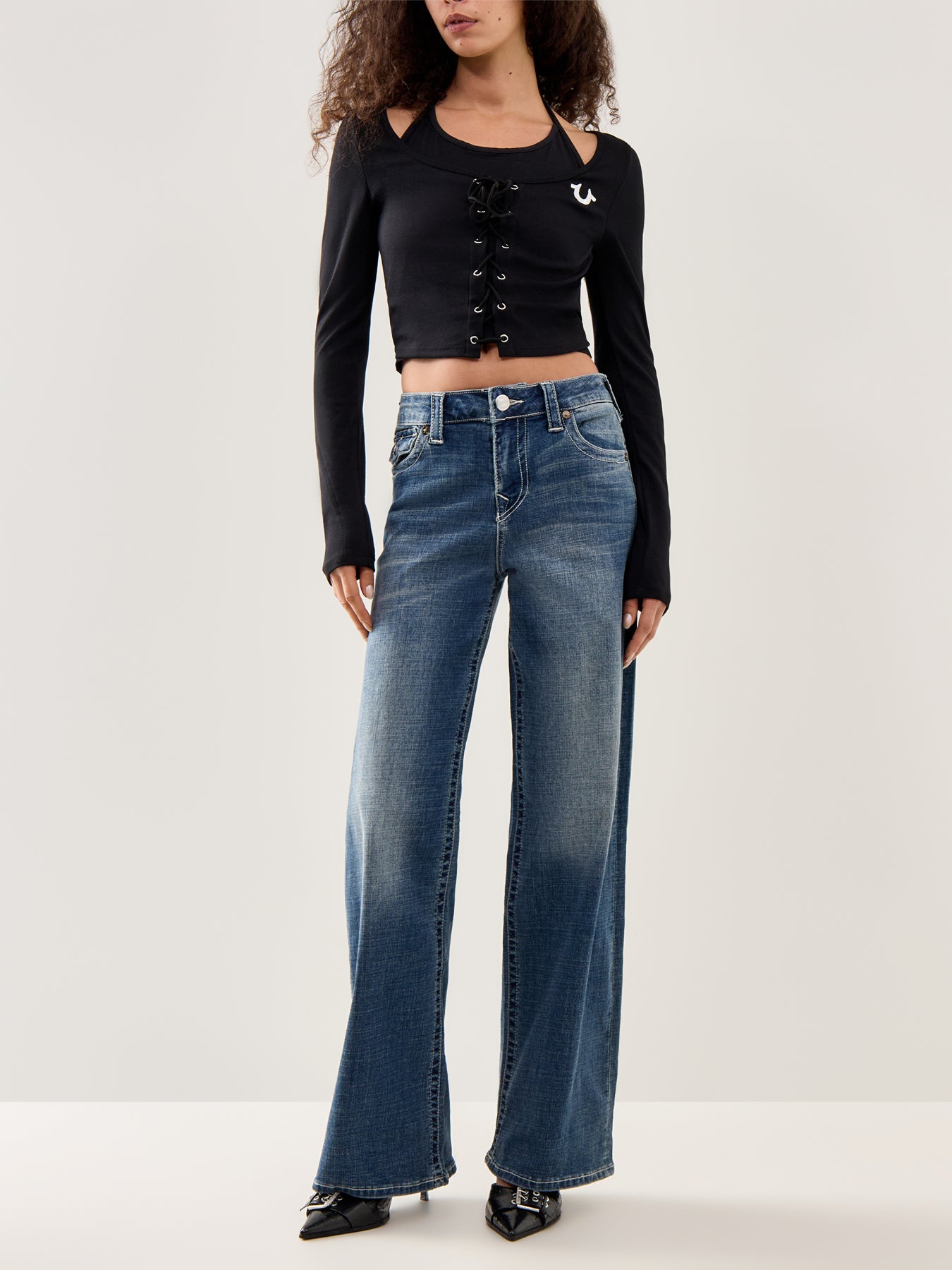 Lace-Up Rib Long-Sleeve Top Black