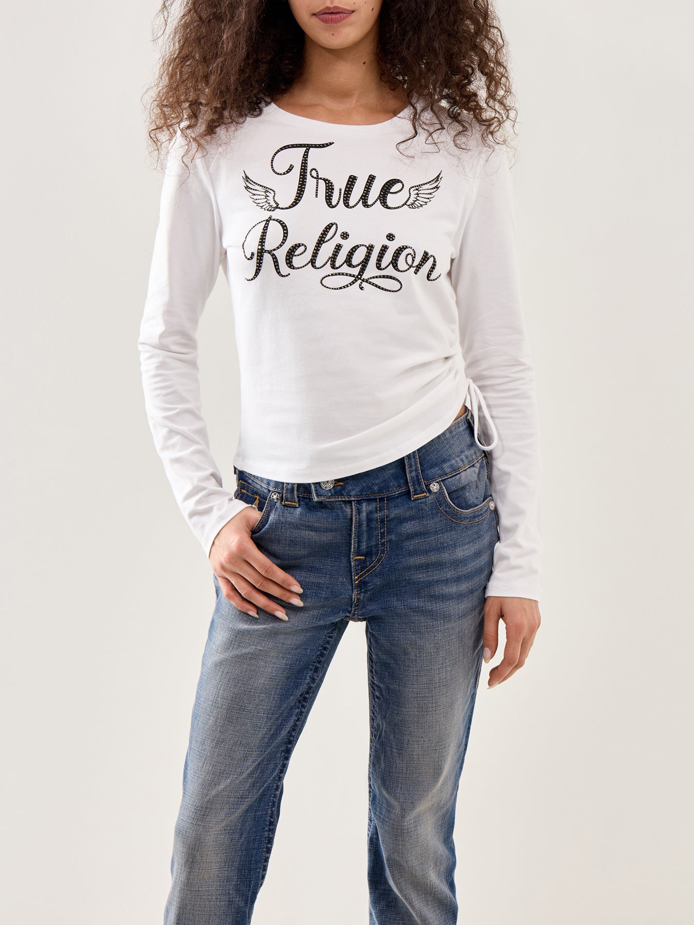 Crystal Ruch Detail Long-Sleeve Tee White