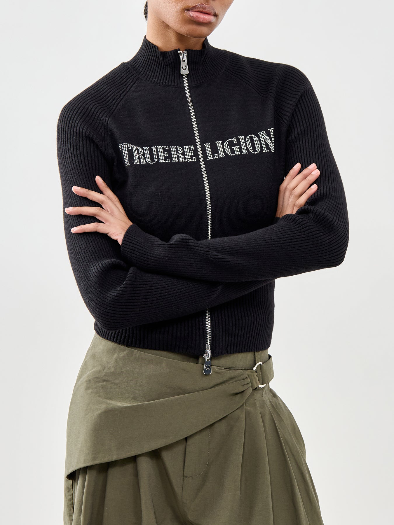 Crystal Zip Up Sweater Black