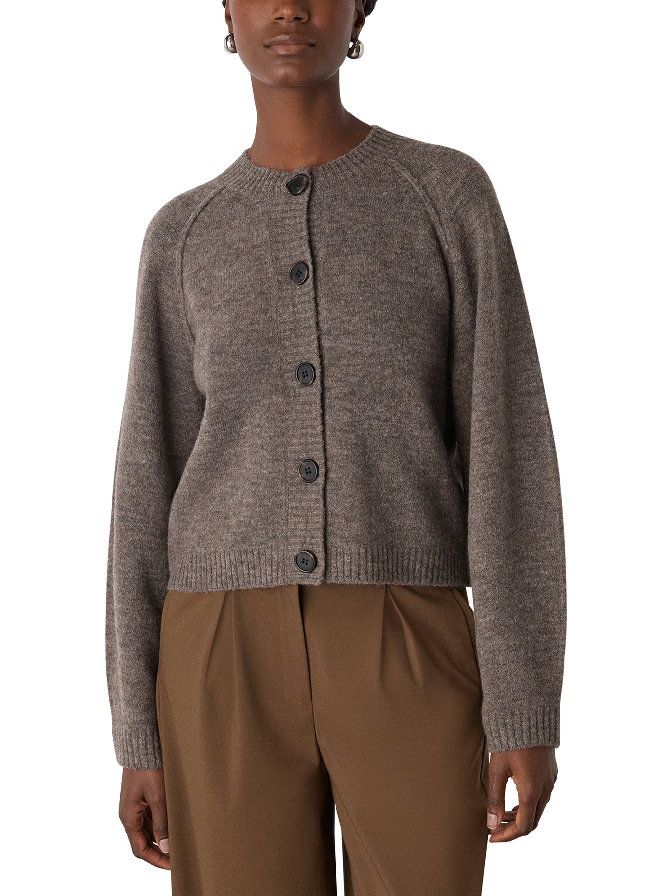 Wool Mix Crew Cardigan Taupe