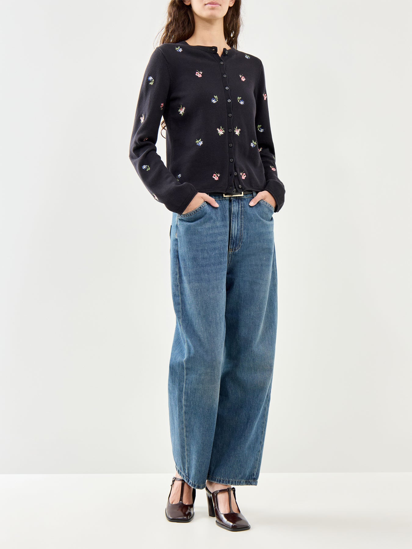 Embroidered Ditsy Cardigan Black