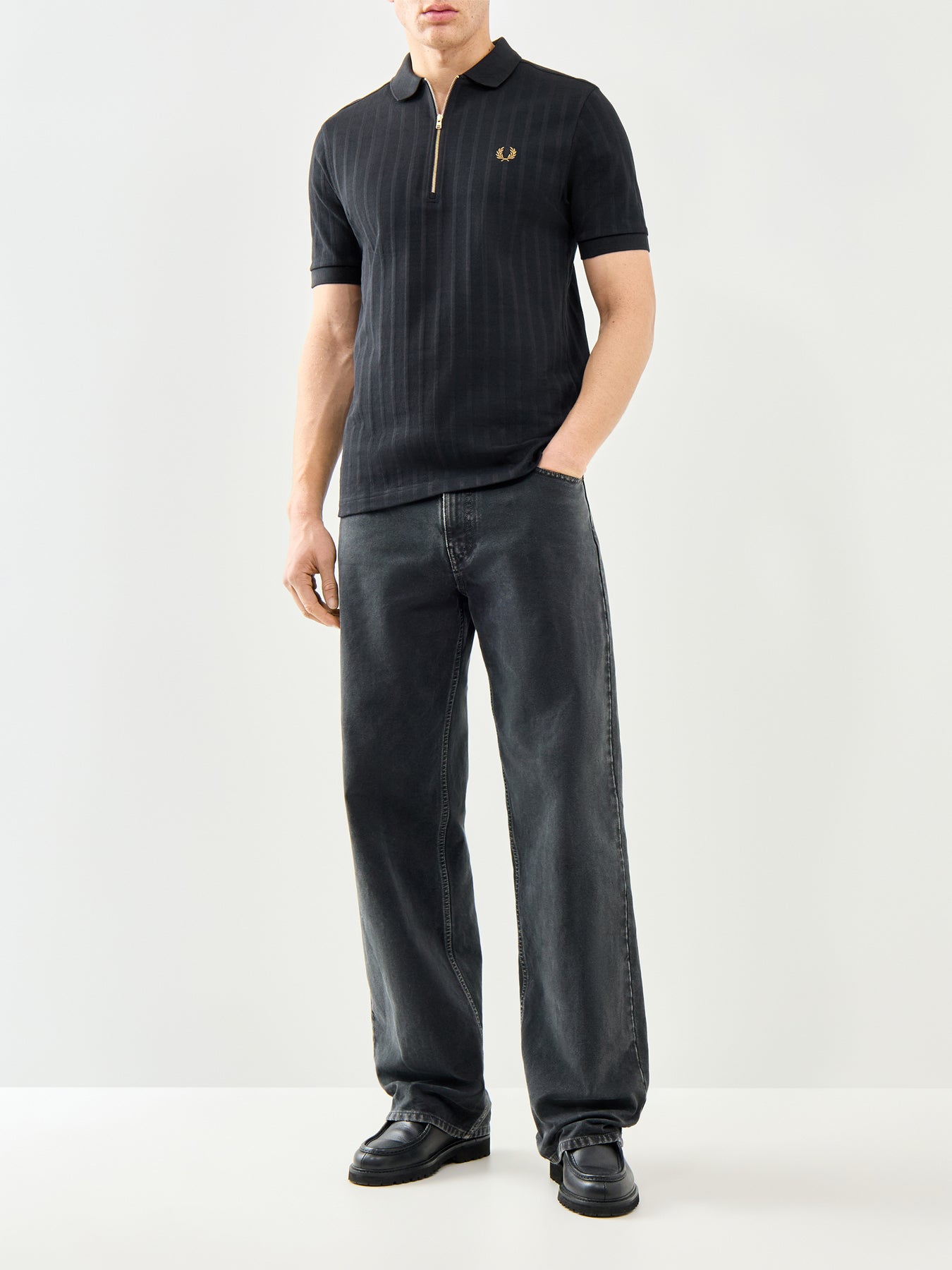 Striped Zip Polo Shirt Black