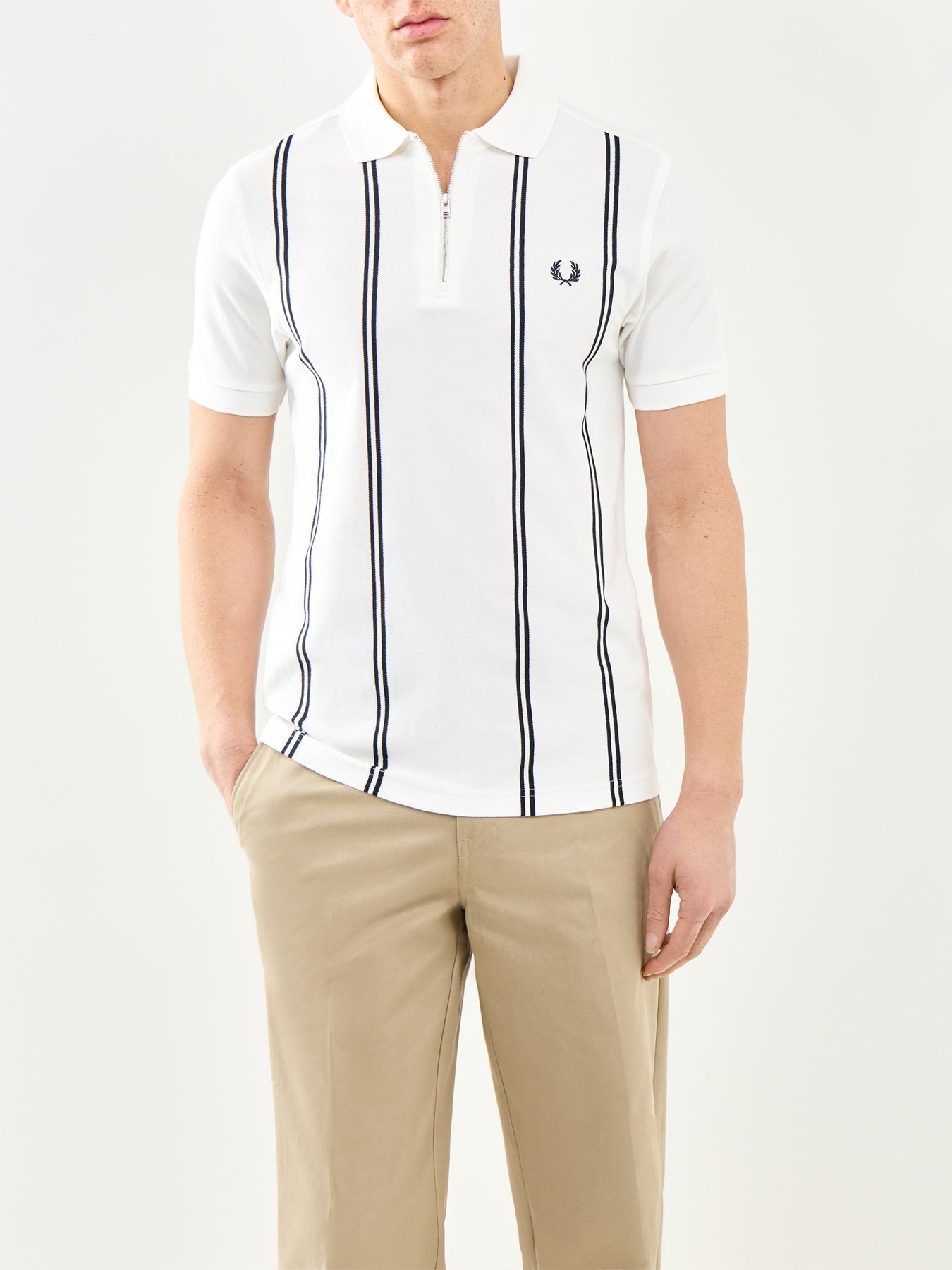 Vertical Stripe Zip Polo Shirt White