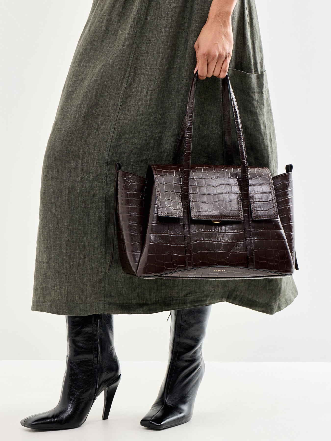 Chancery Faux Croc Medium Flapover Shoulder Bag Dark Oak