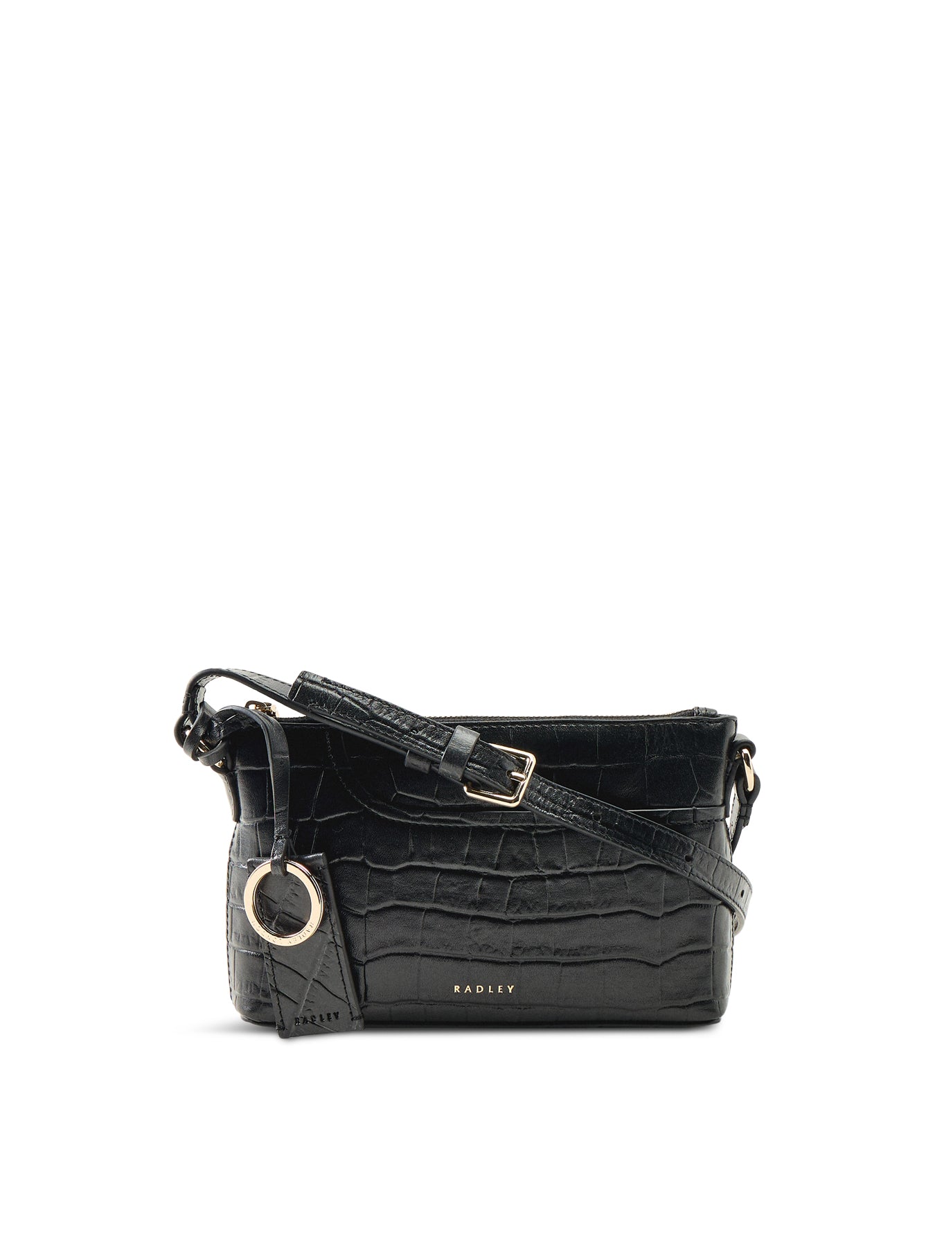 Pockets Faux Croc Mini Zip Top Shoulder Bag Black