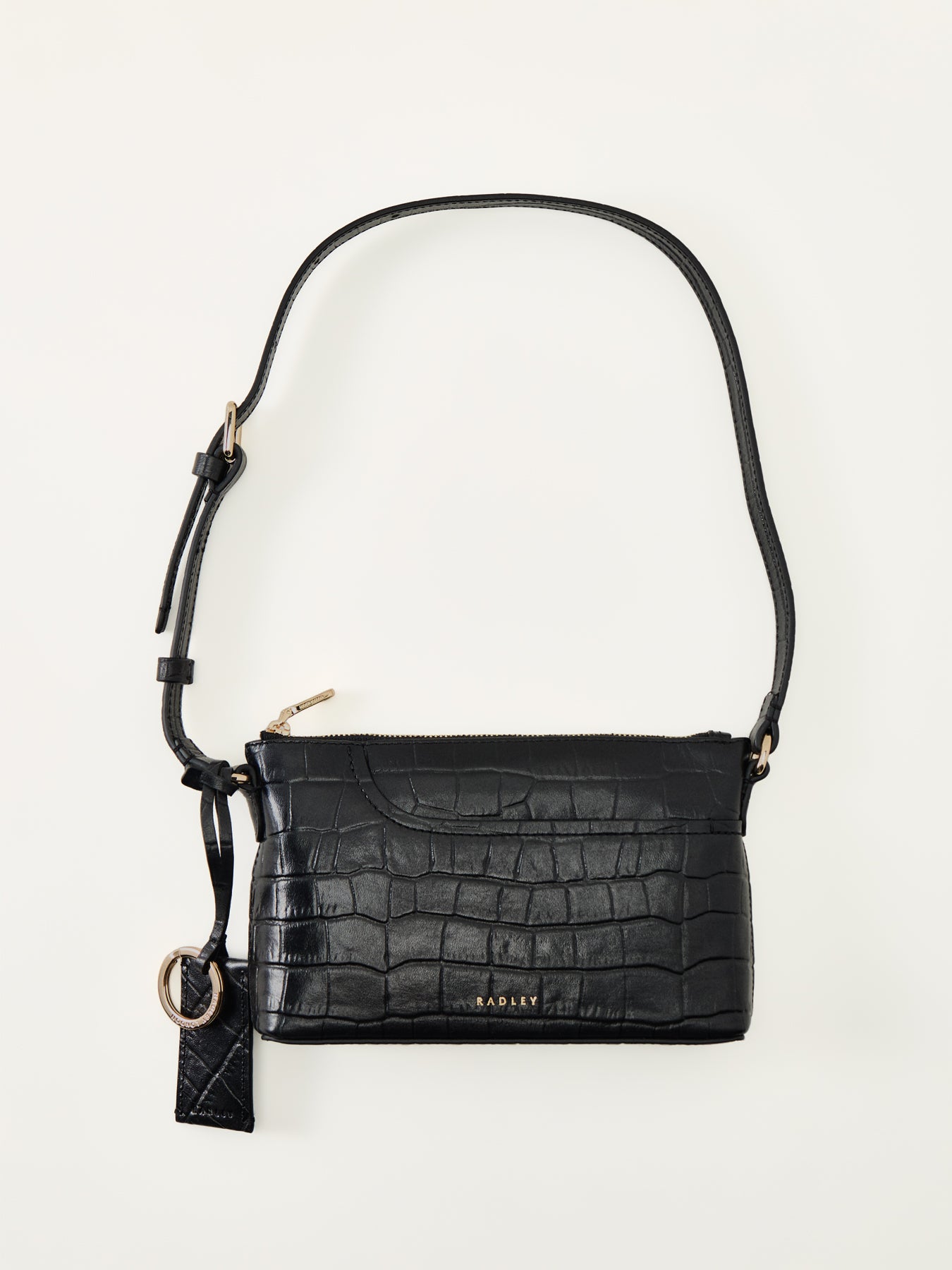 Pockets Faux Croc Mini Zip Top Shoulder Bag Black