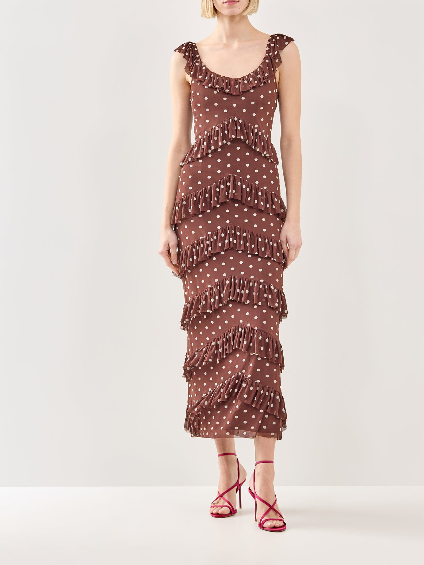 Cecile Ruffle Mesh Maxi Dress Brown