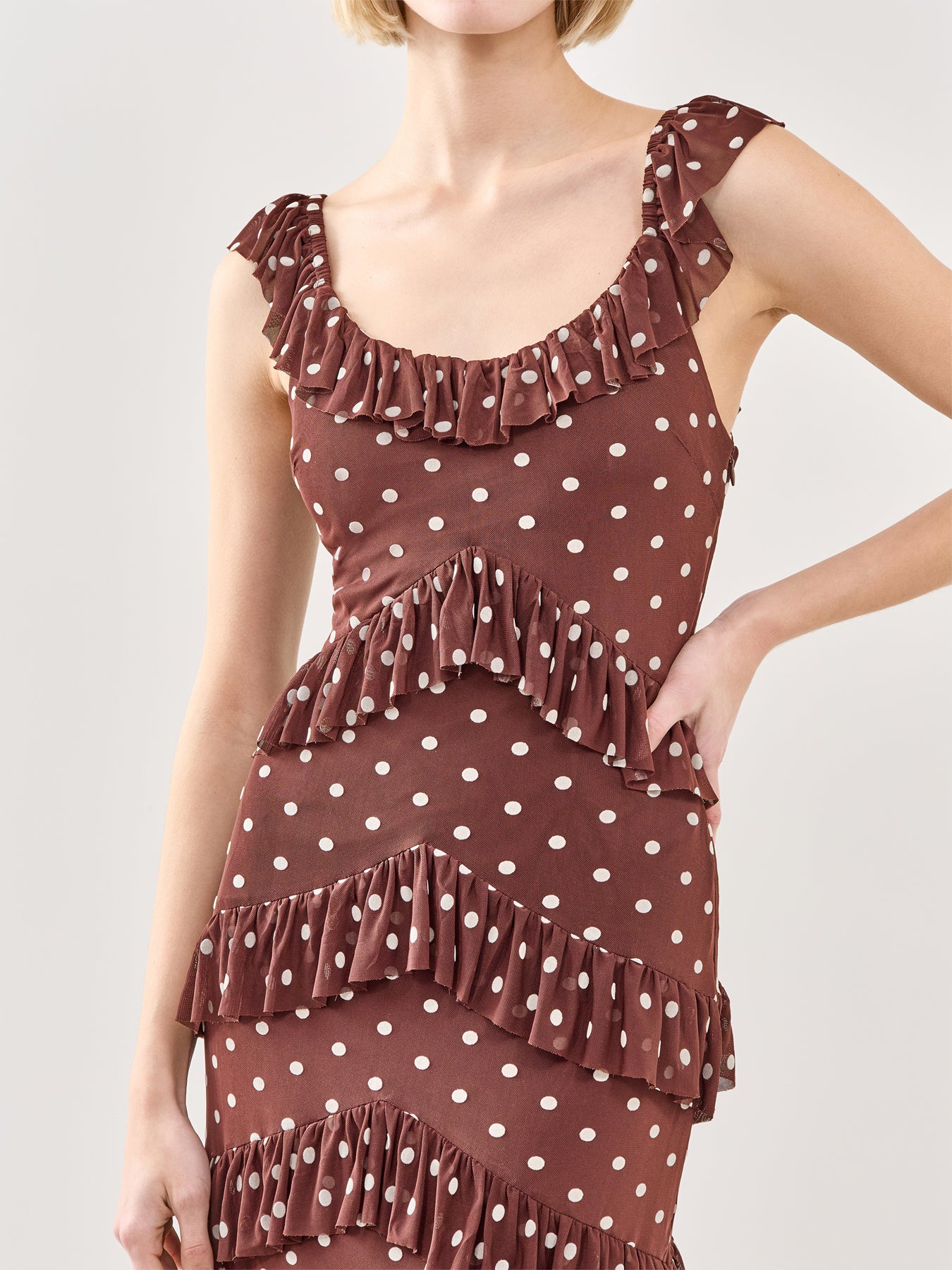 Cecile Ruffle Mesh Maxi Dress Brown