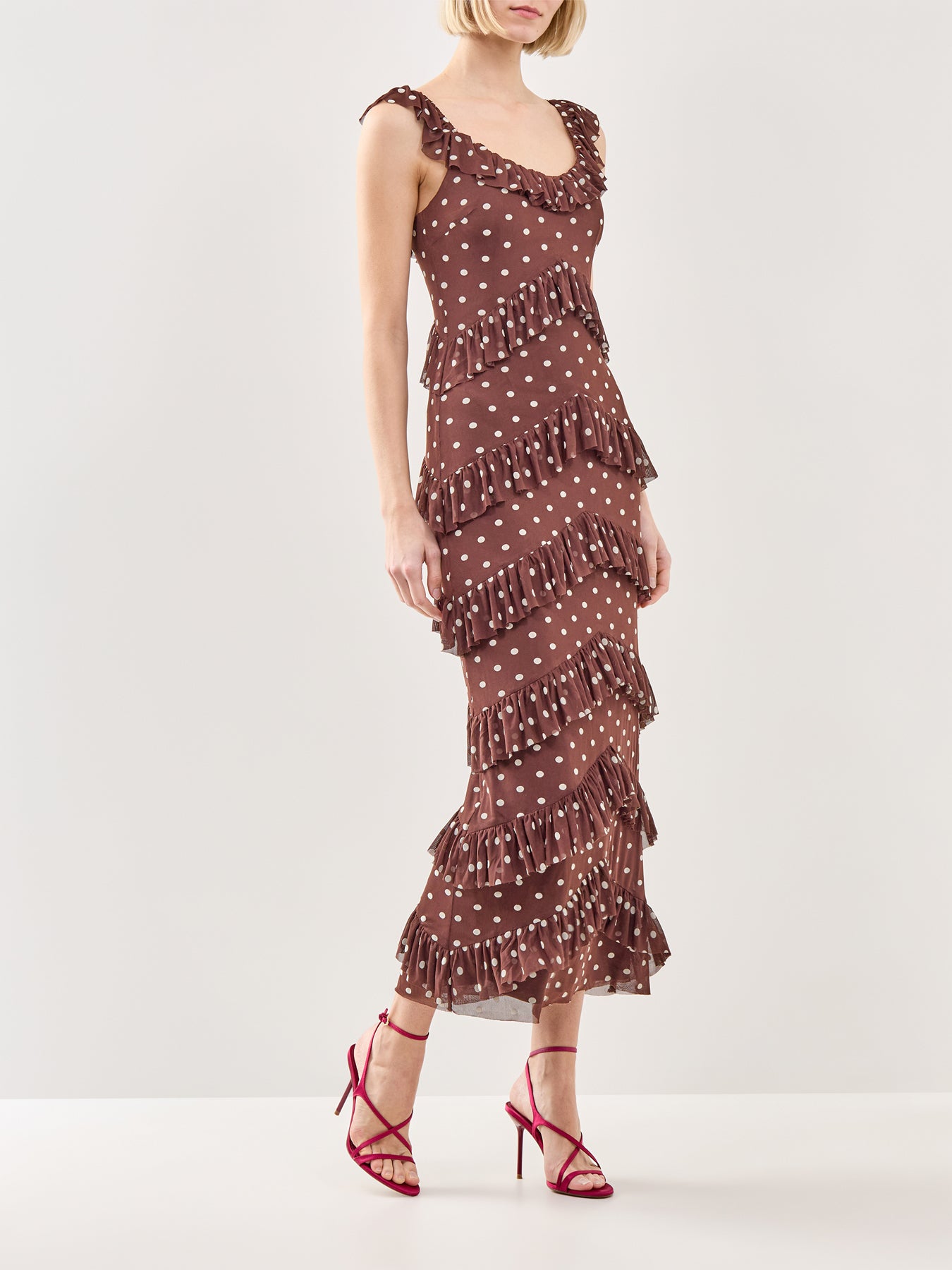 Cecile Ruffle Mesh Maxi Dress Brown