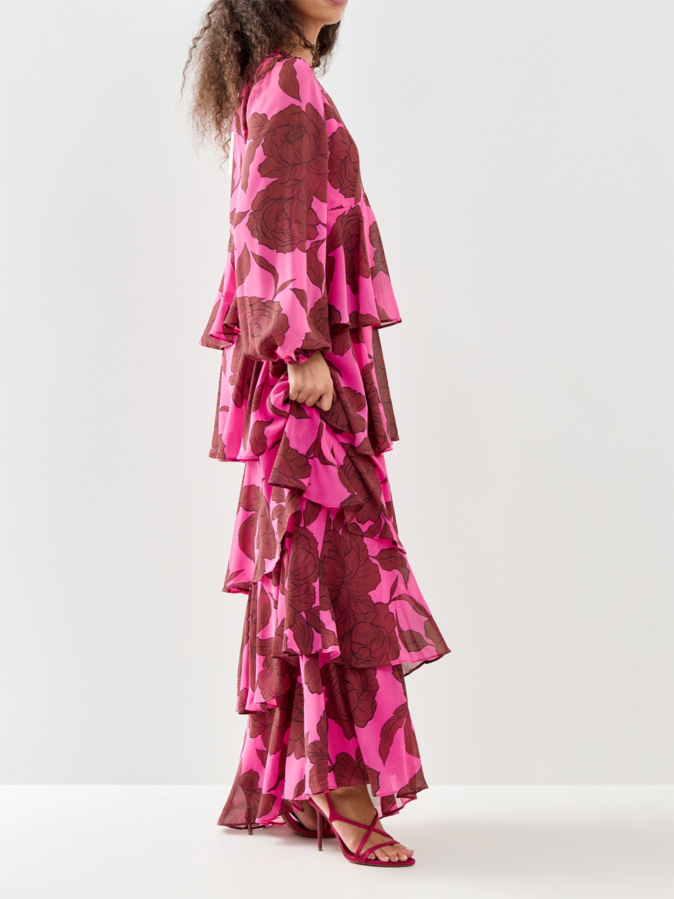 Ashton Ruffle Maxi Dress Fuchsia Brown