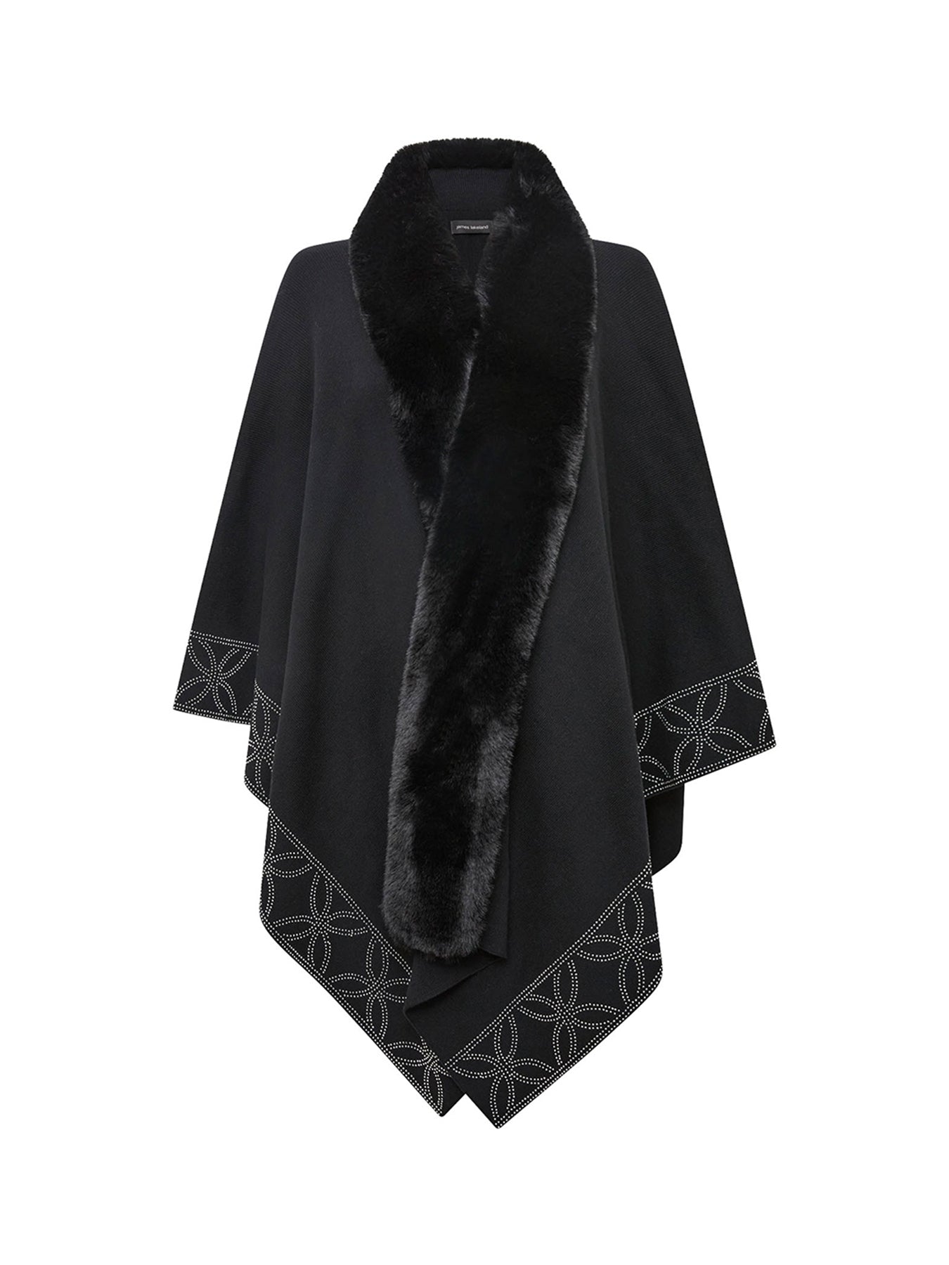 Crystal Edge Faux Fur Poncho Black