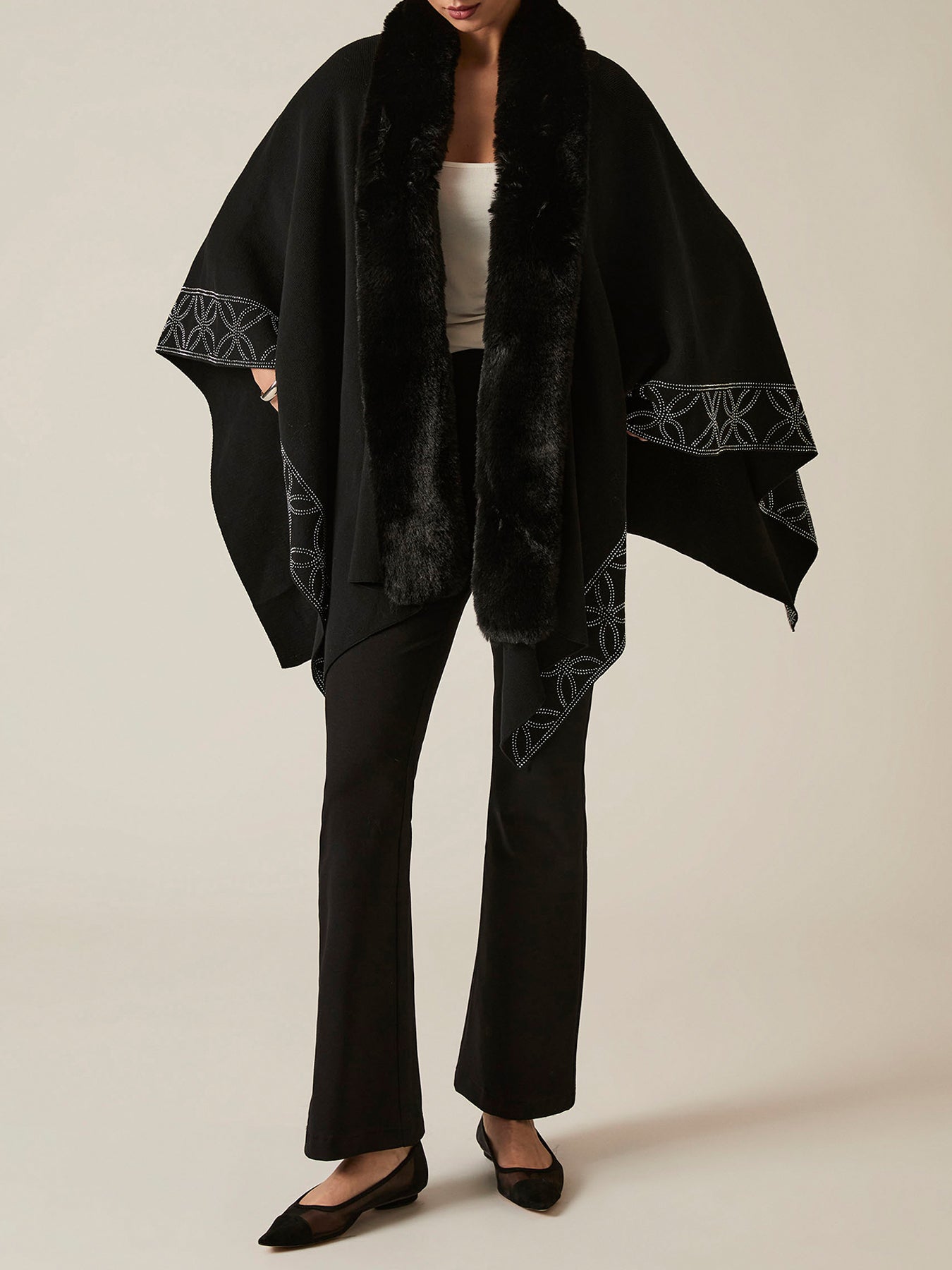 Crystal Edge Faux Fur Poncho Black