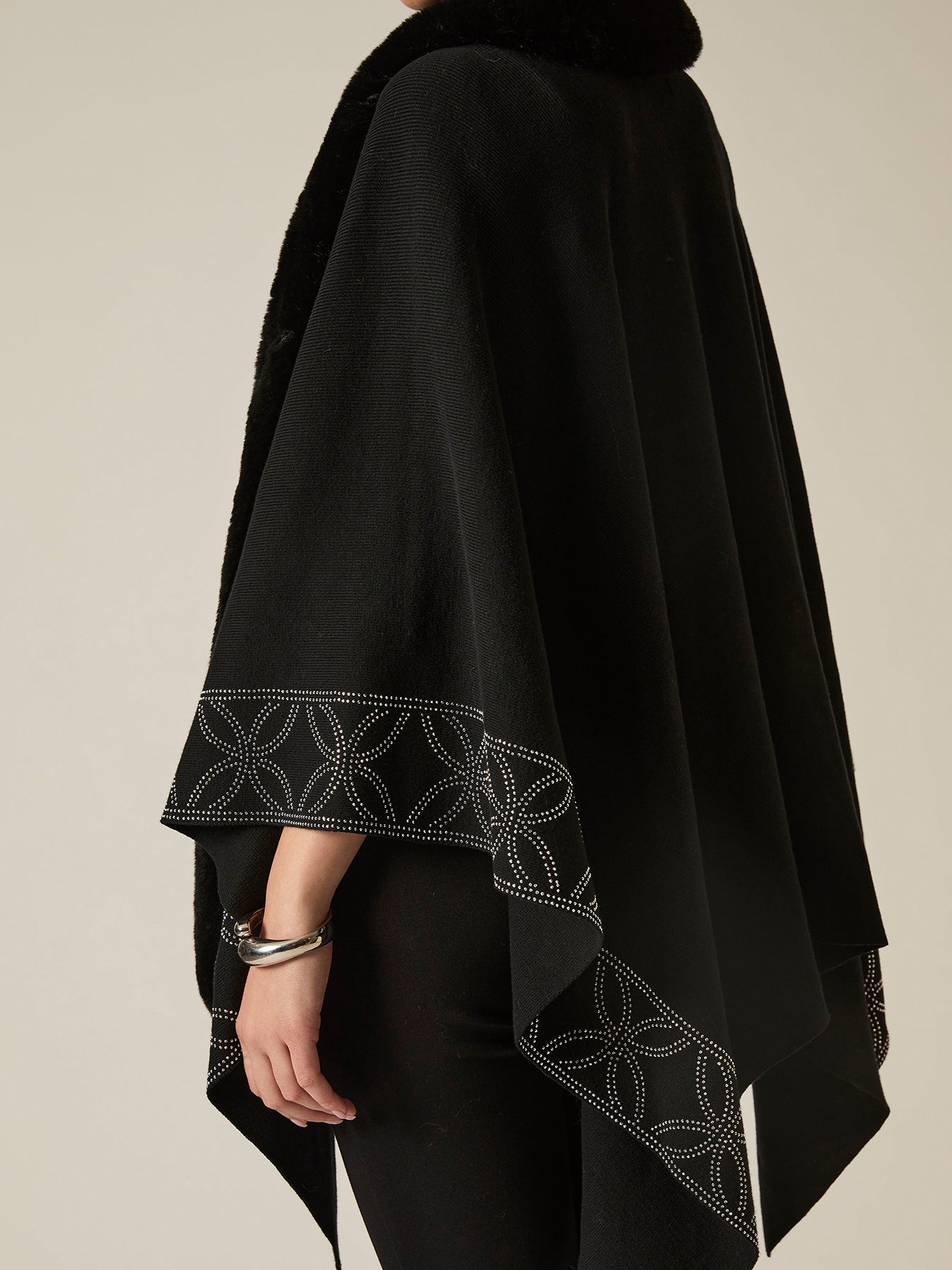 Crystal Edge Faux Fur Poncho Black