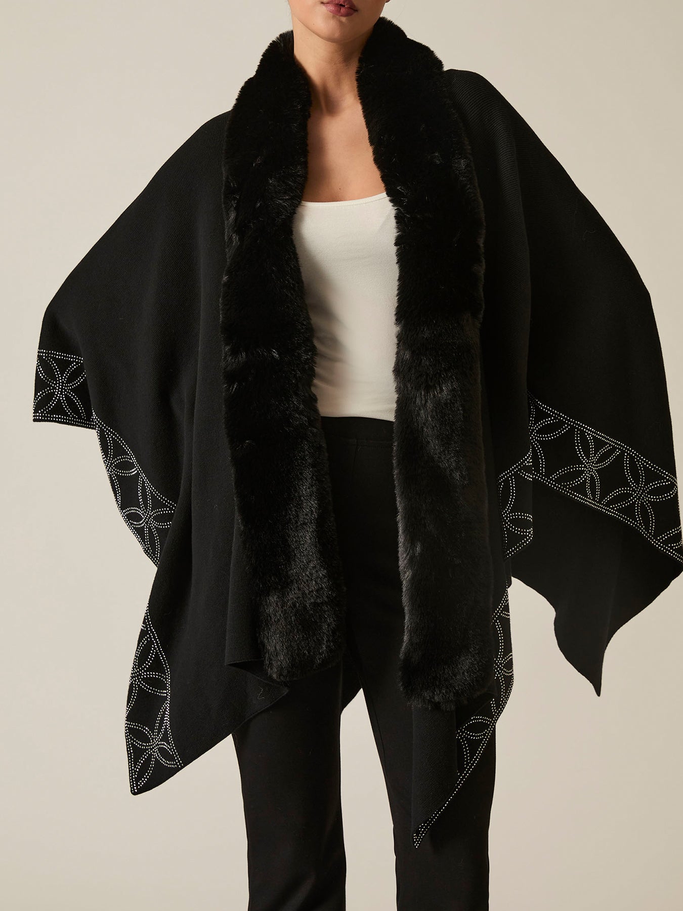 Crystal Edge Faux Fur Poncho Black