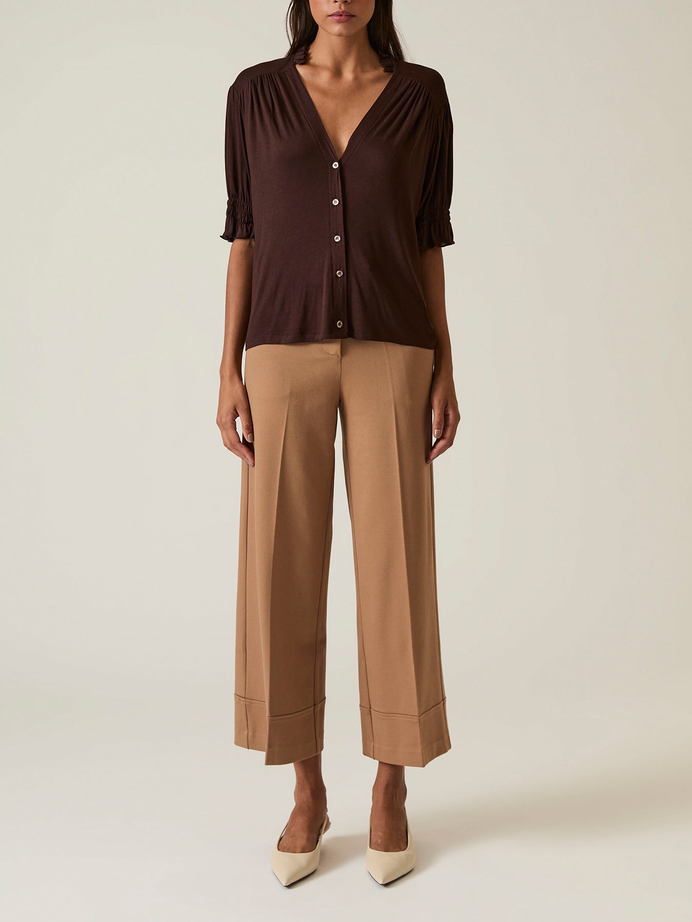 V-Neck Jersey Blouse Brown