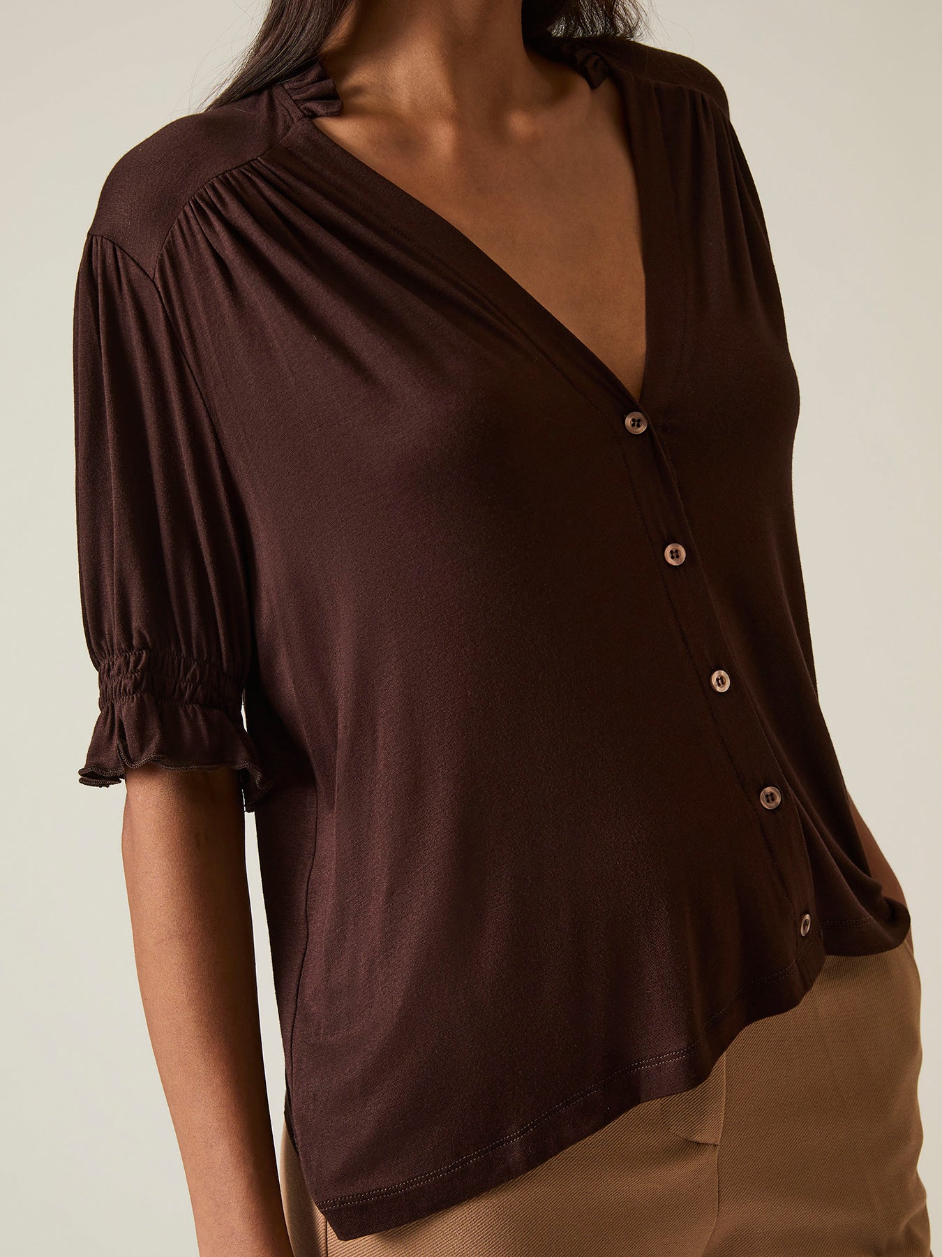 V-Neck Jersey Blouse Brown