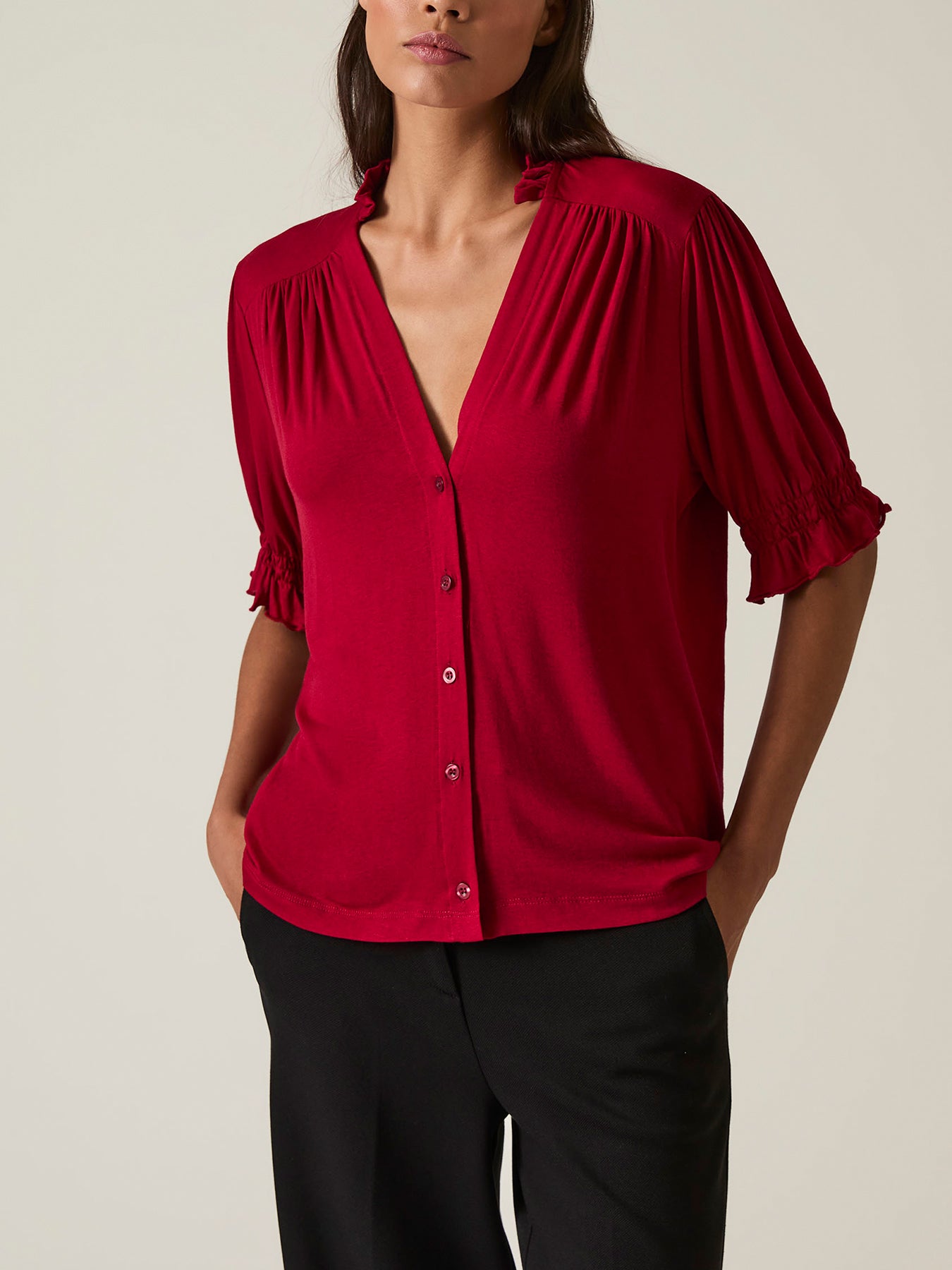 V-neck Jersey Blouse Red