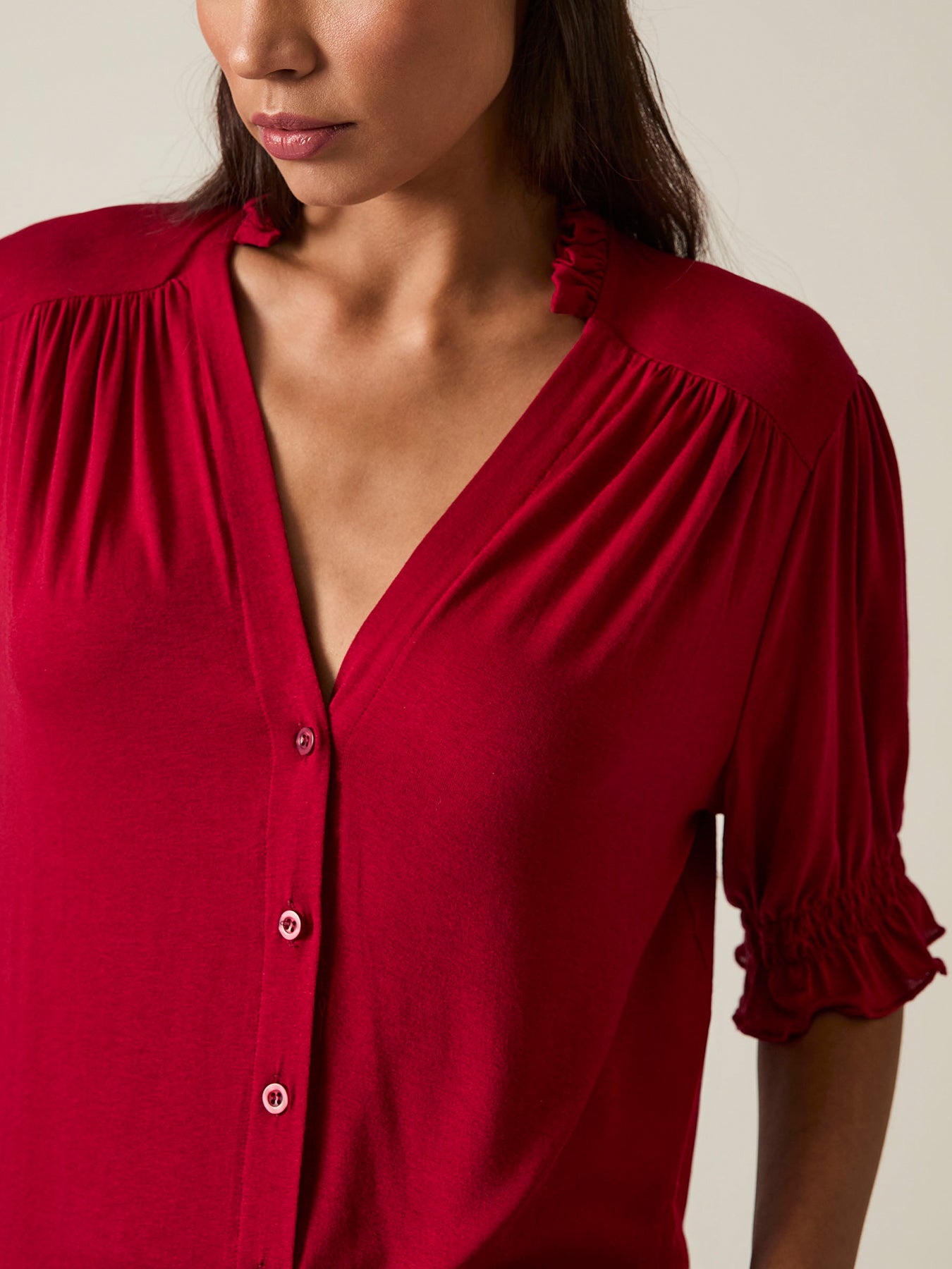 V-neck Jersey Blouse Red