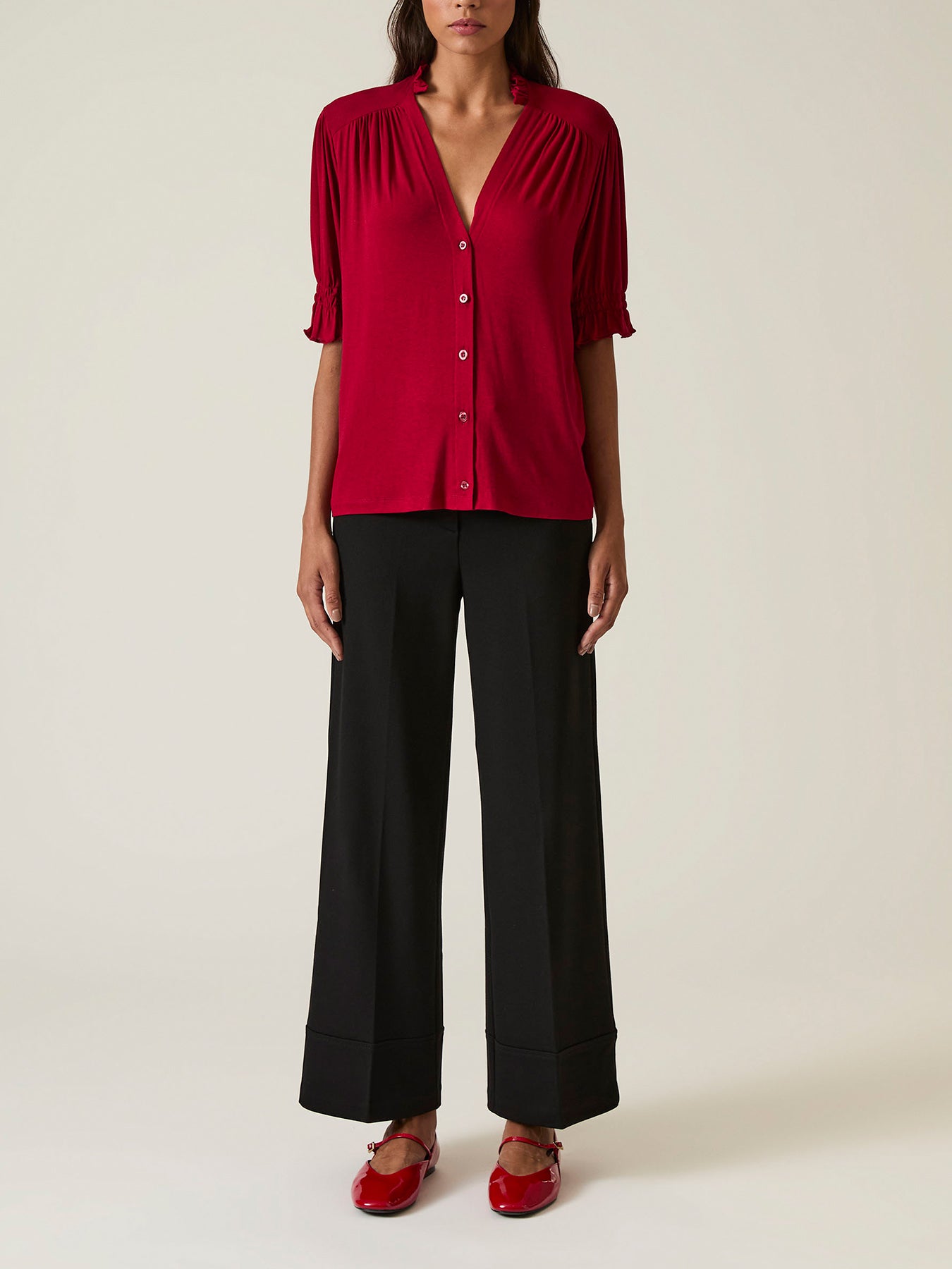 V-neck Jersey Blouse Red