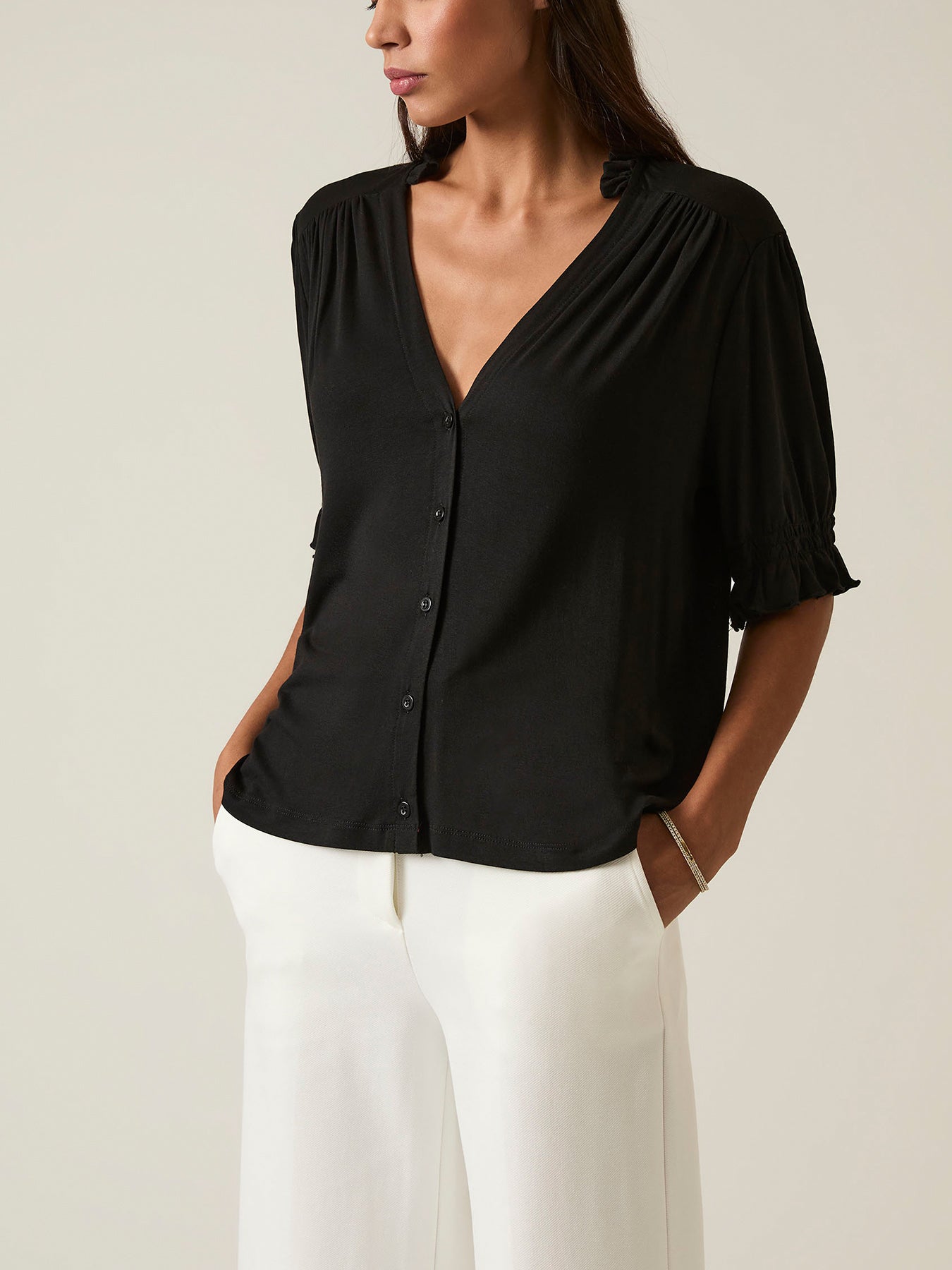 V-neck Jersey Blouse Black