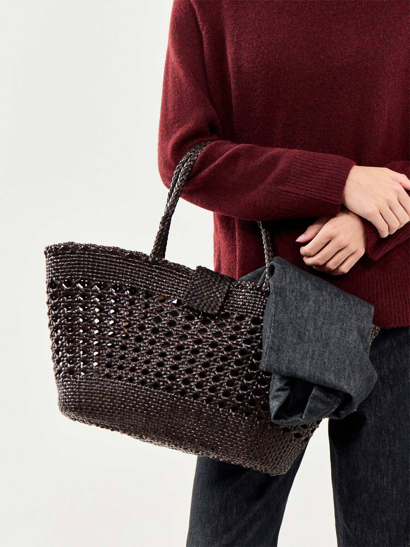 Rixo x Dragon Diffusion Lucine Woven Leather Bag Dark Brown