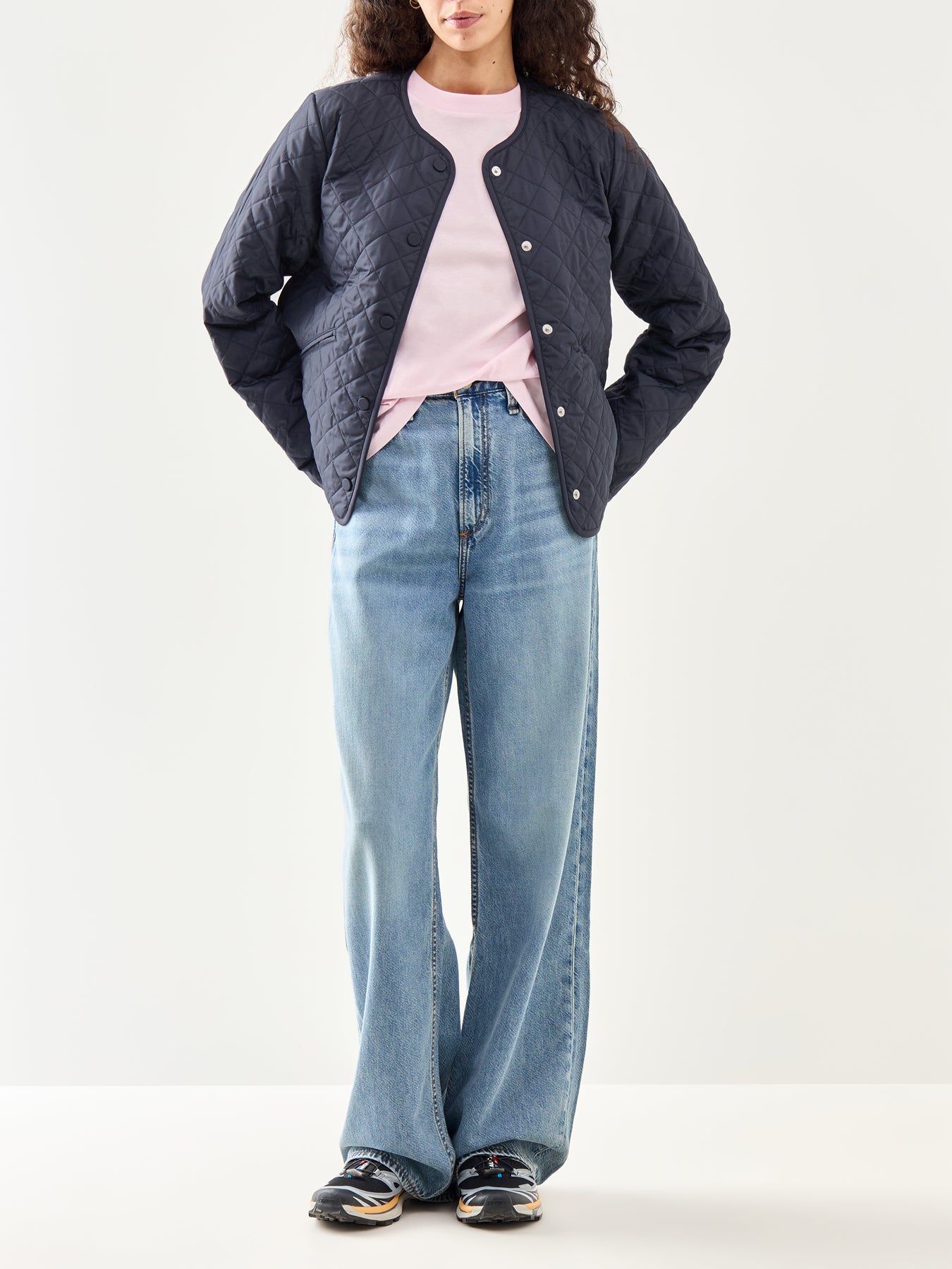Cashel Collarless Quilted Jacket Navy Tartan