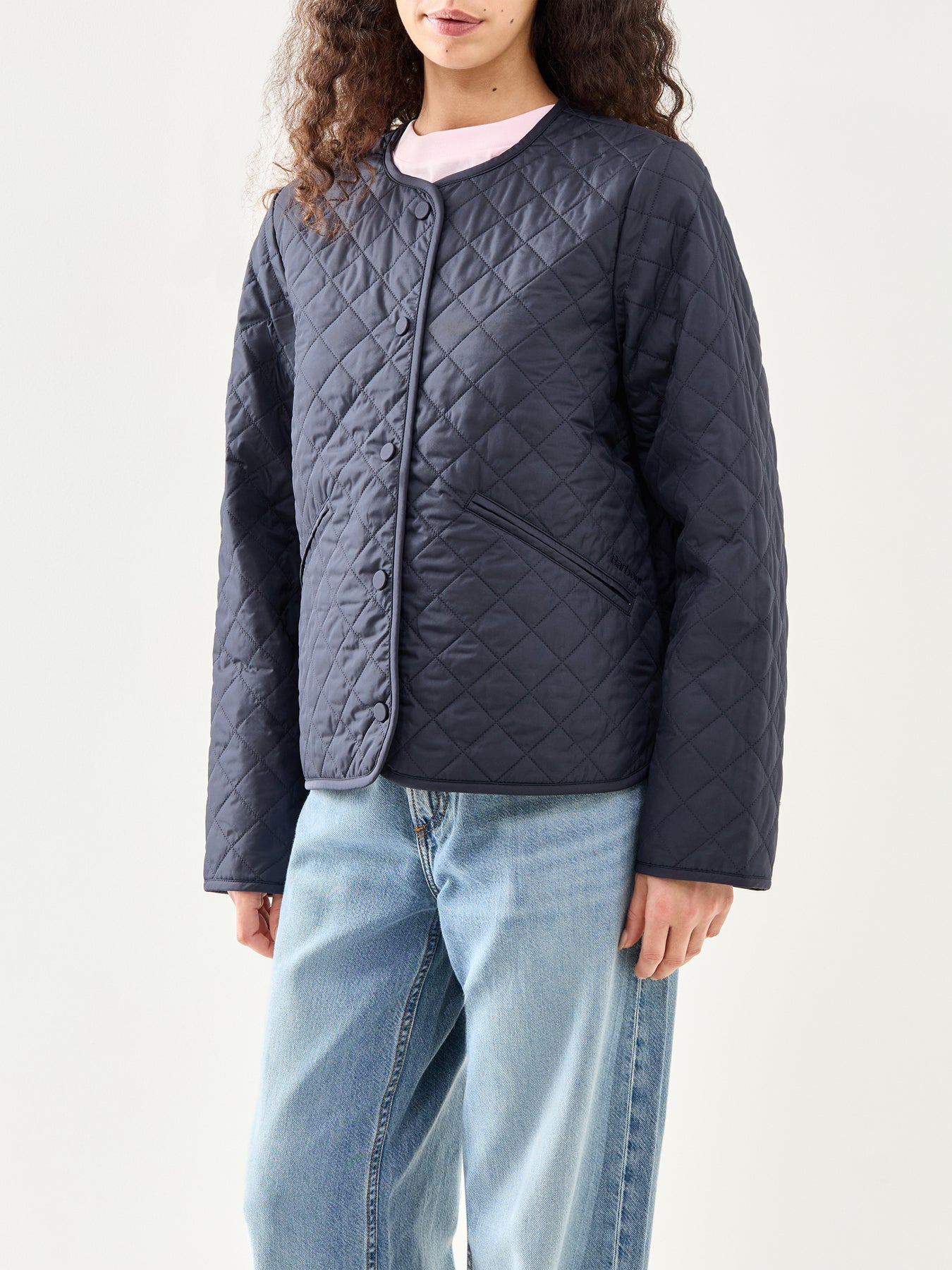 Cashel Collarless Quilted Jacket Navy Tartan
