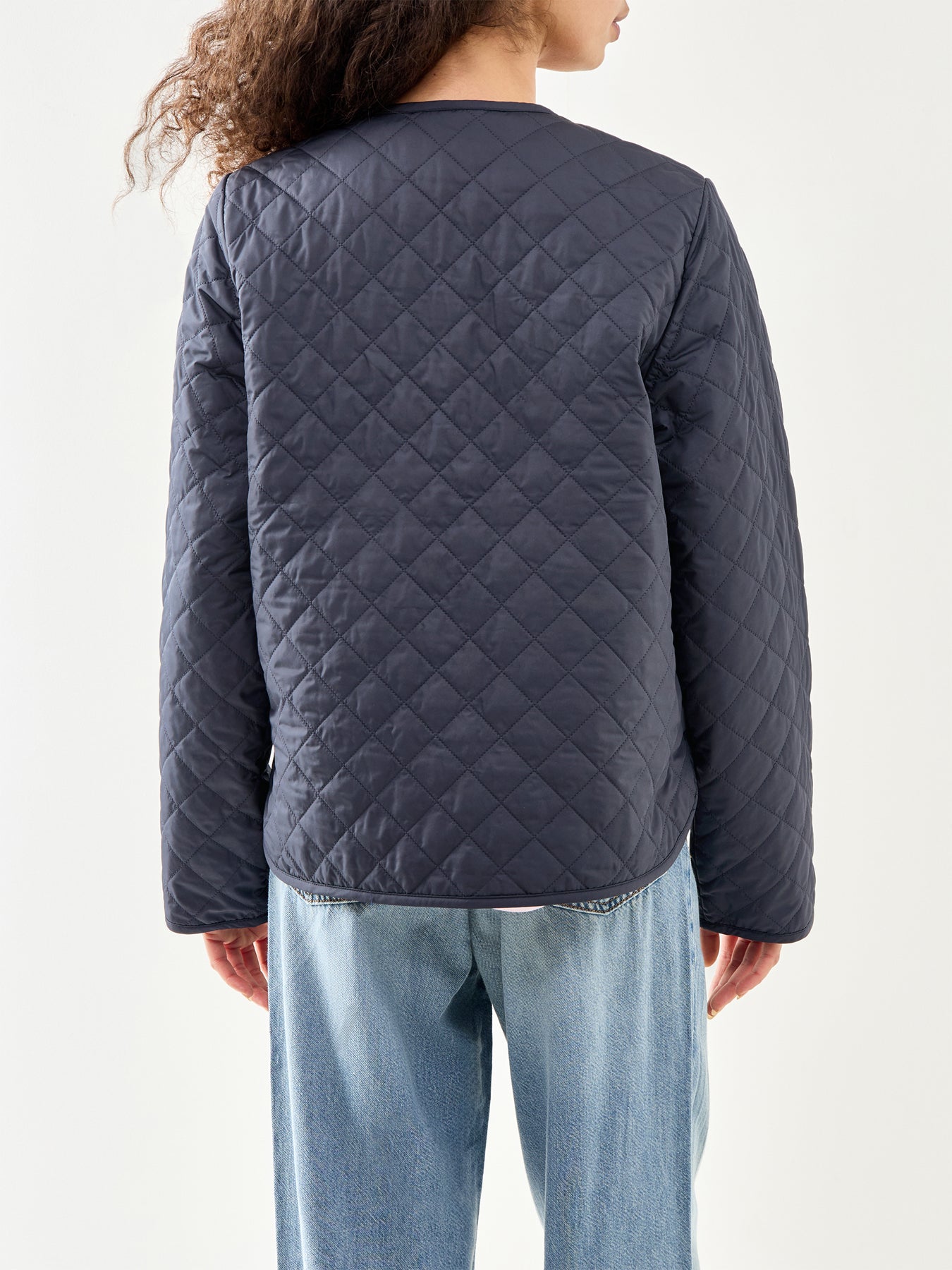 Cashel Collarless Quilted Jacket Navy Tartan