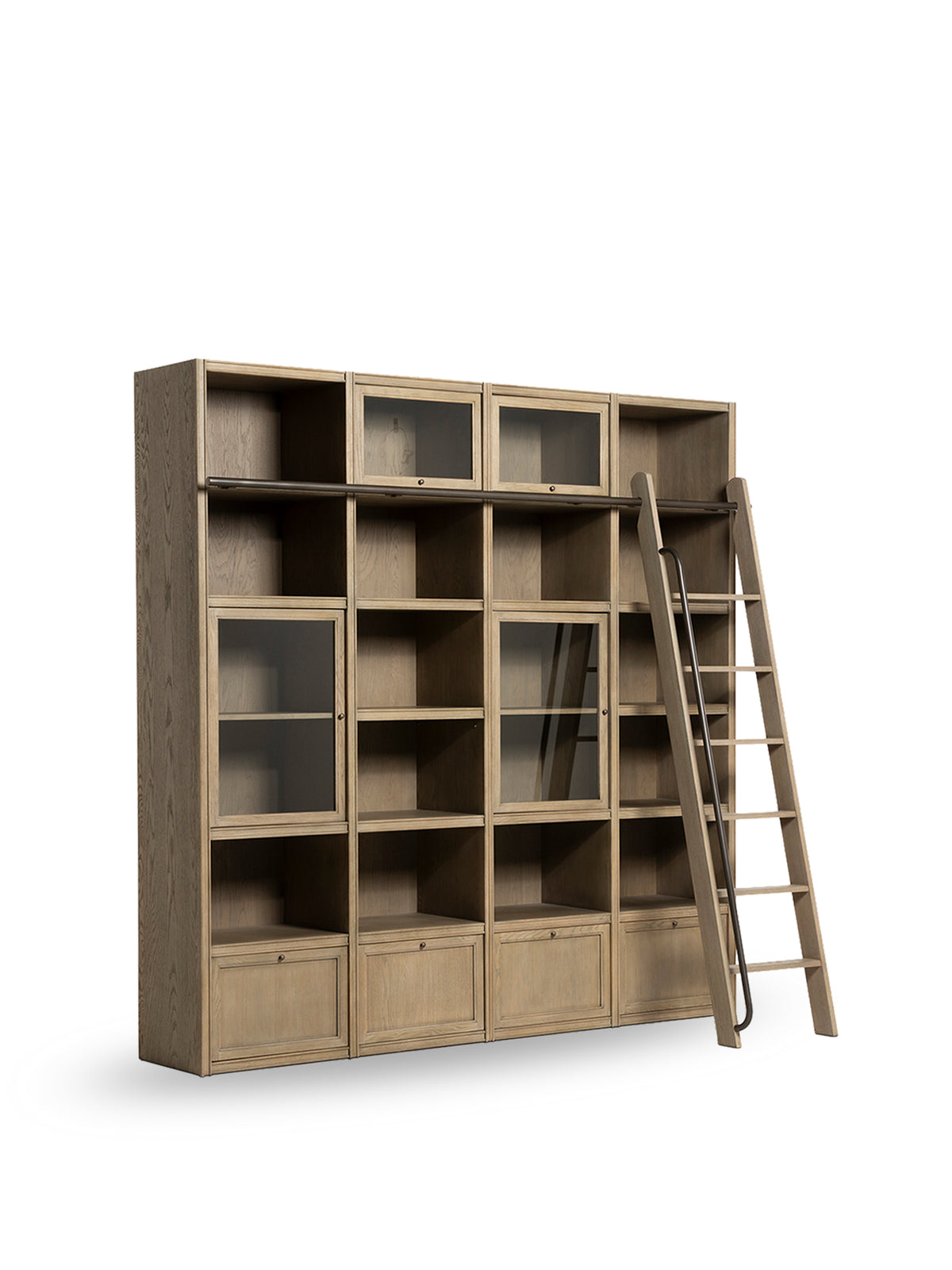 Culver Grey Oak Wood 240Cm Shelf Unit With Open Shelves, Glass-Front Cabinets, Lower Drawers And Sliding Ladder