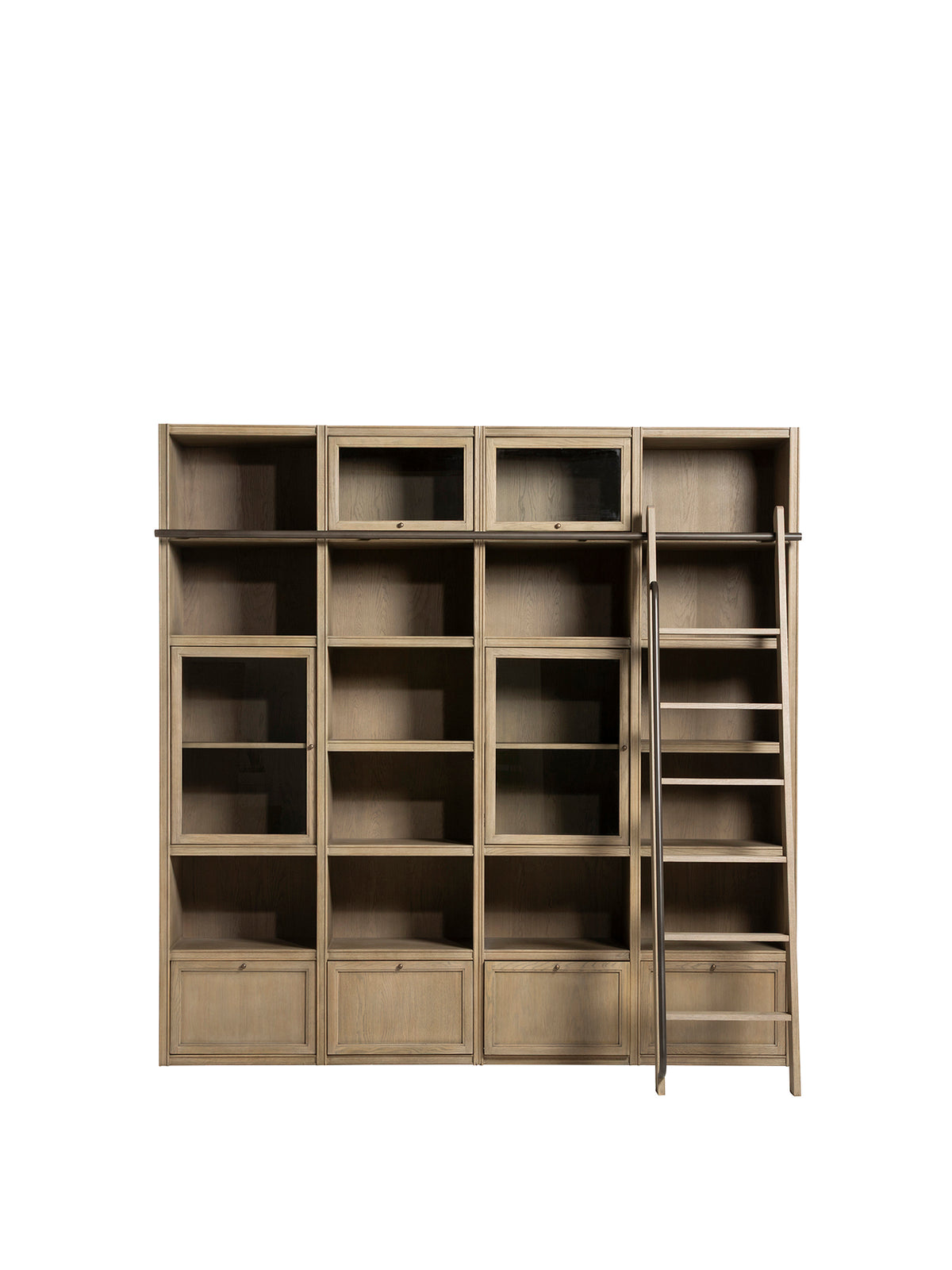 Culver Grey Oak Wood 240Cm Shelf Unit With Open Shelves, Glass-Front Cabinets, Lower Drawers And Sliding Ladder